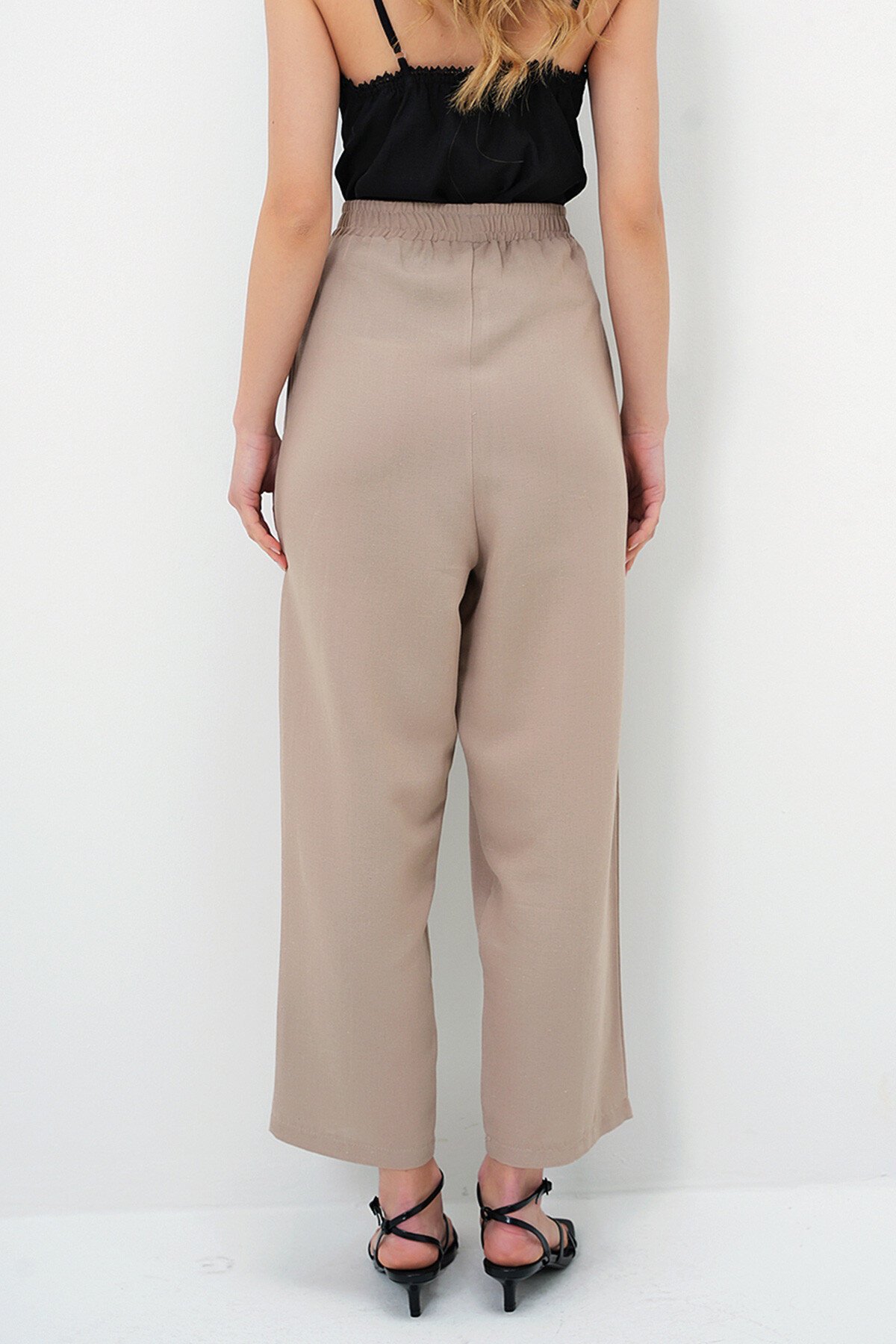 Vizon Yüksek Bel Önü Çimalı Çift Cepli Keten Palazzo Pantolon