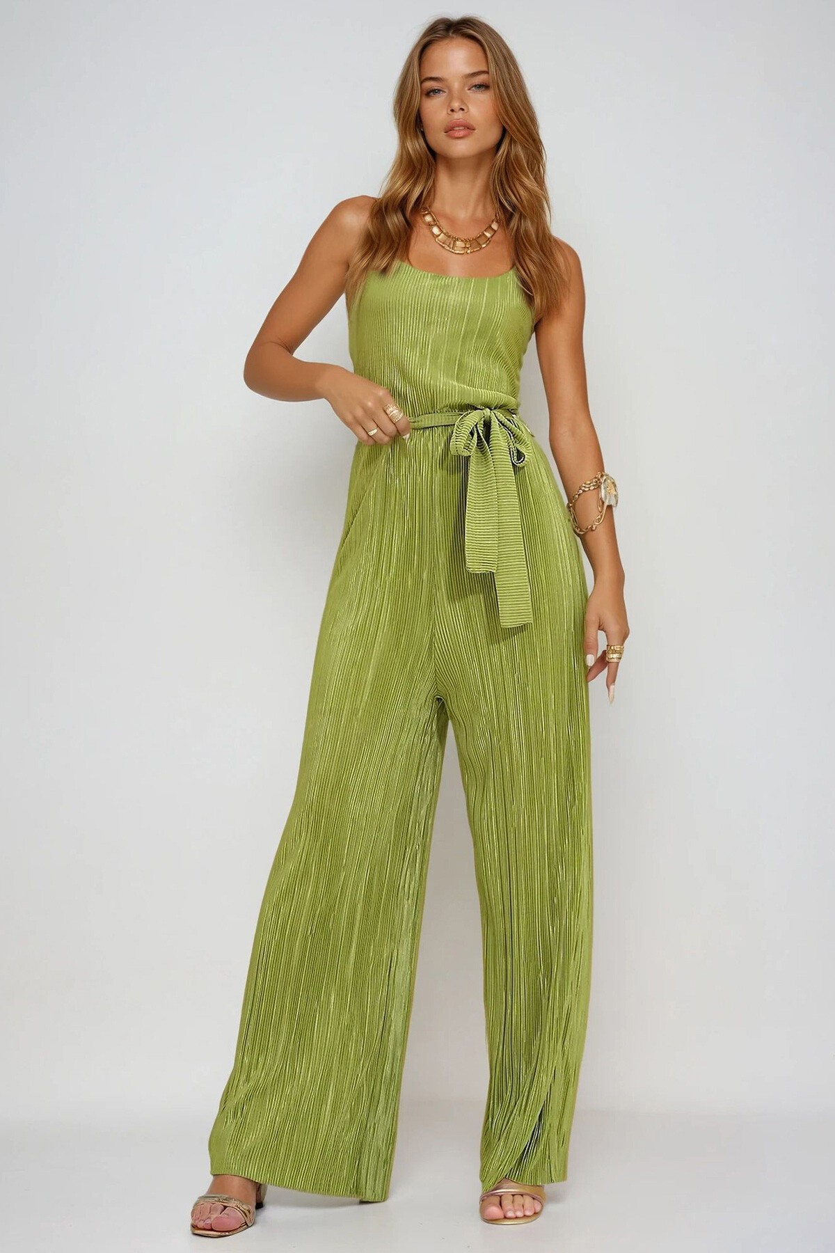 Yağ Yeşili Askılı Beli Kemerli Göğüs Dekolteli Pileli Tulum