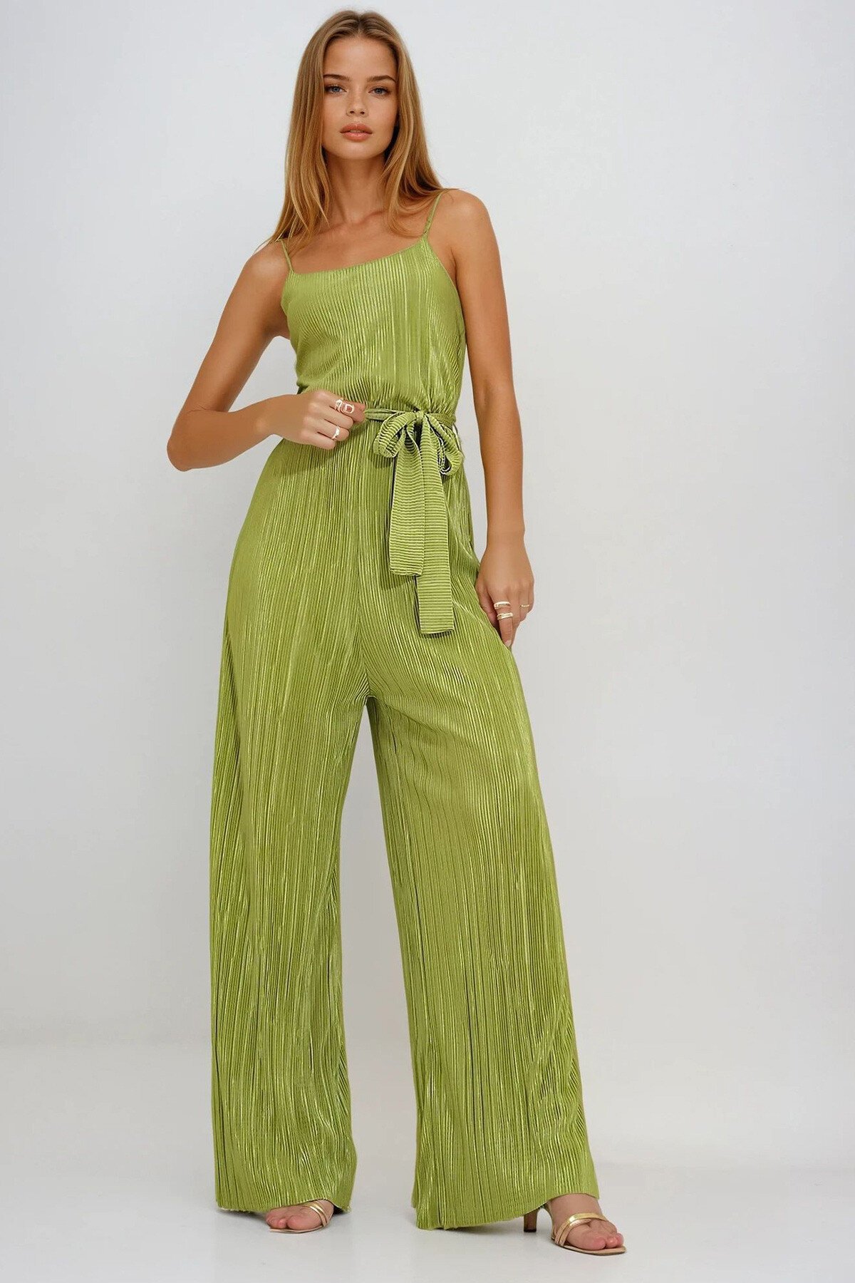 Yağ Yeşili Askılı Beli Kemerli Göğüs Dekolteli Pileli Tulum