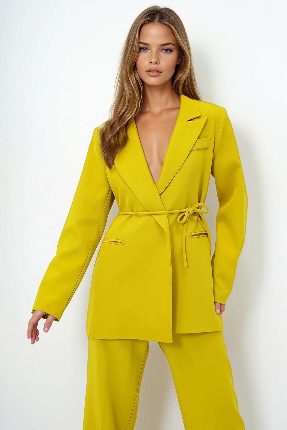 Yağ Yeşili Bağlamalı Blazer Ceket