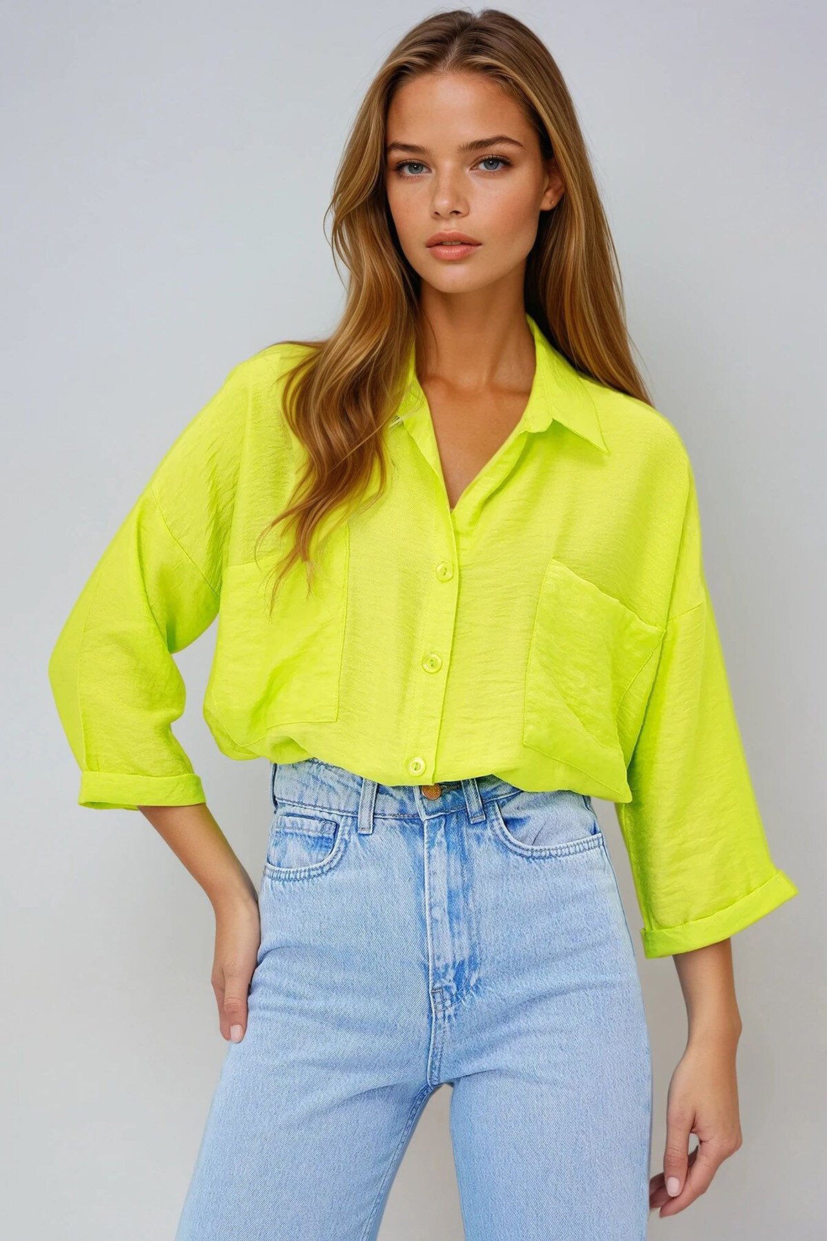 Yağ Yeşili Çift Cepli Oversize Dokuma Gömlek