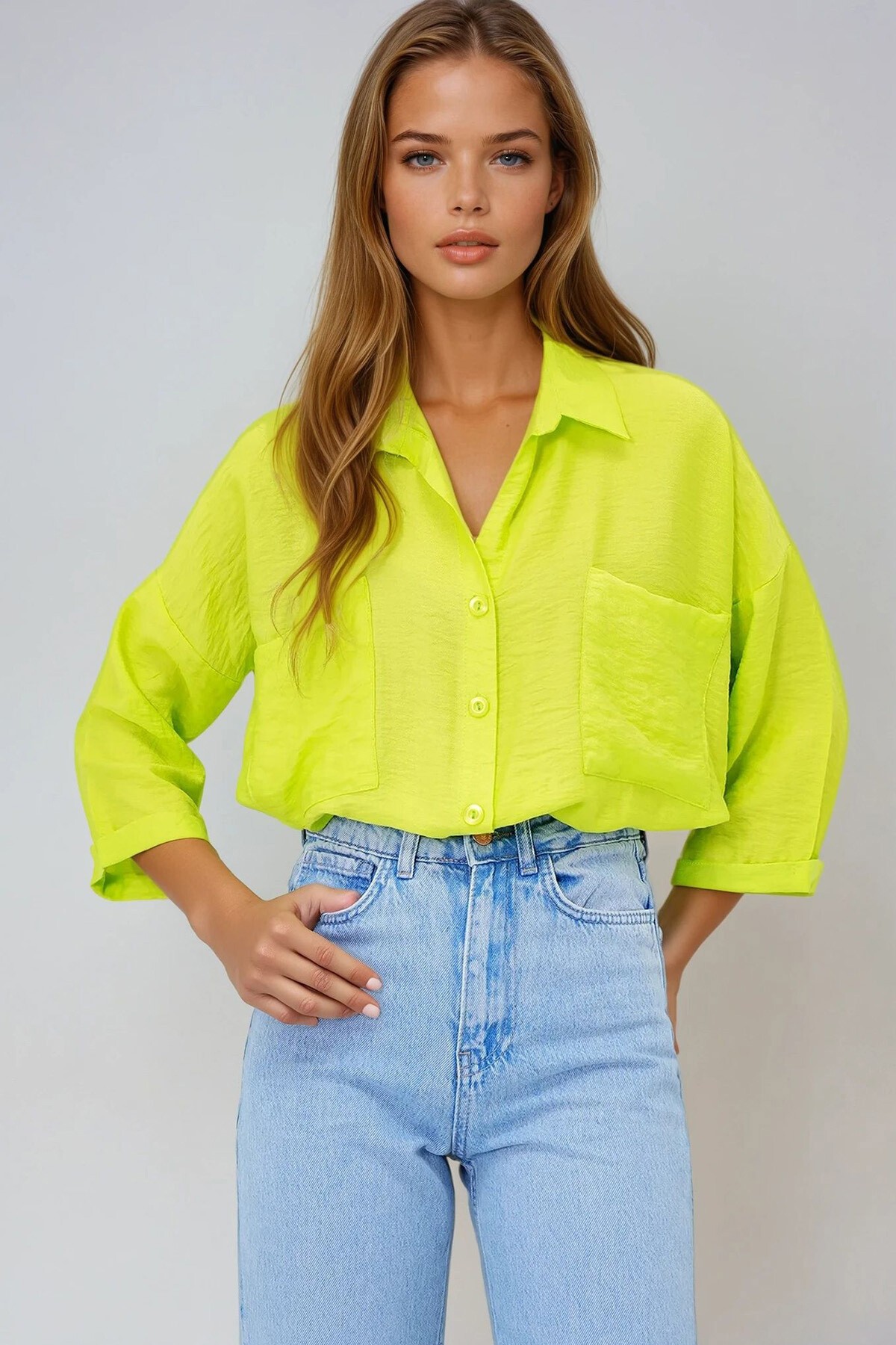 Yağ Yeşili Çift Cepli Oversize Dokuma Gömlek
