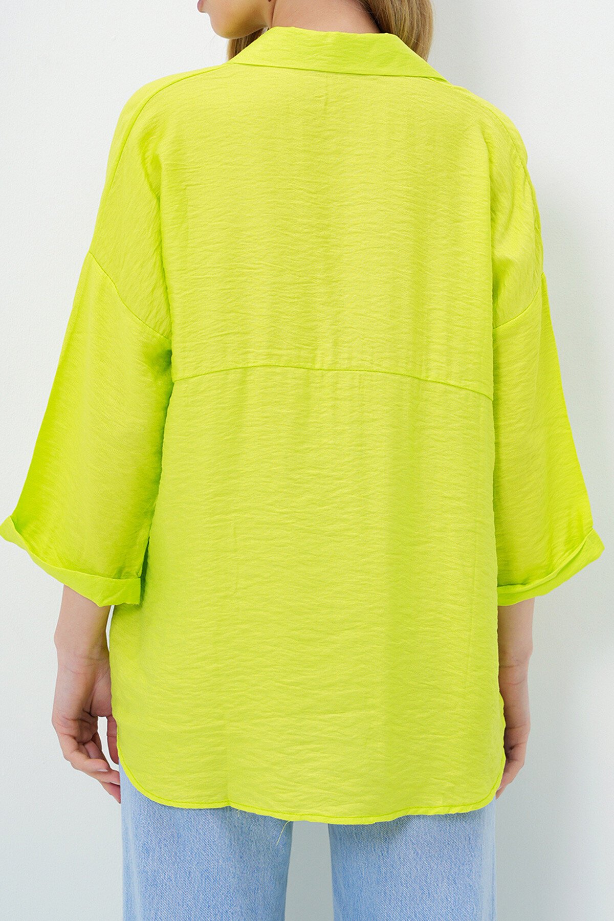 Yağ Yeşili Çift Cepli Oversize Dokuma Gömlek
