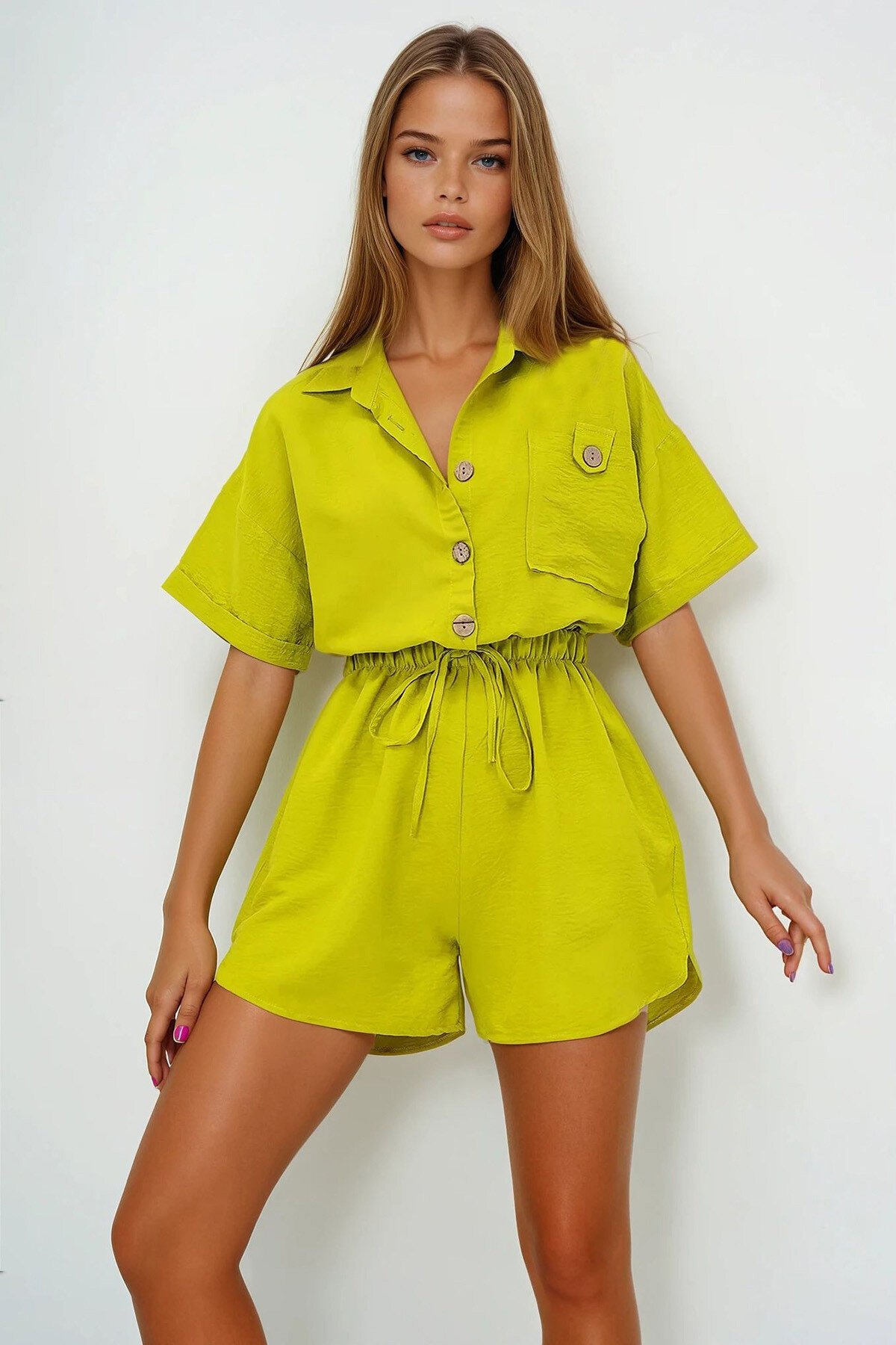 Yağ Yeşili Gömlek Yaka Tek Cepli Beli Büzgülü Aerobin Şort Tulum