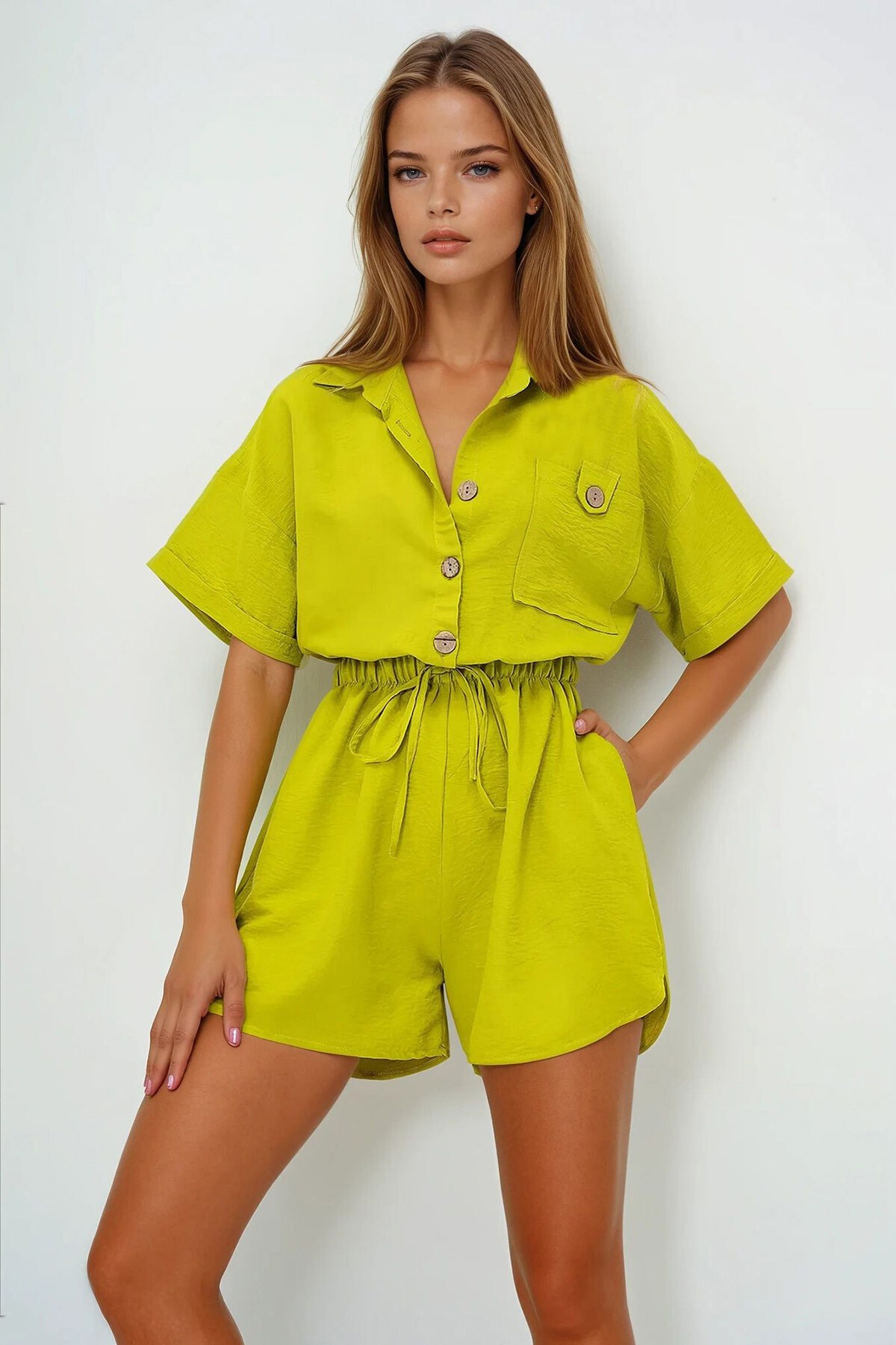 Yağ Yeşili Gömlek Yaka Tek Cepli Beli Büzgülü Aerobin Şort Tulum