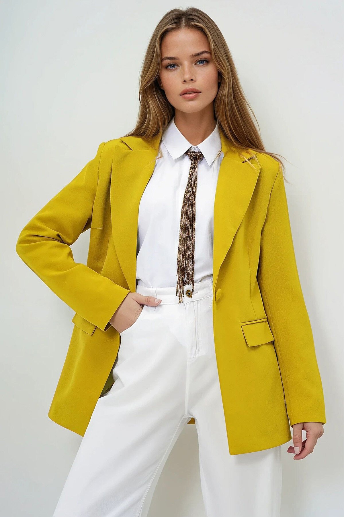 Yağ Yeşili İçi Astarlı Tek Düğmeli Blazer Ceket