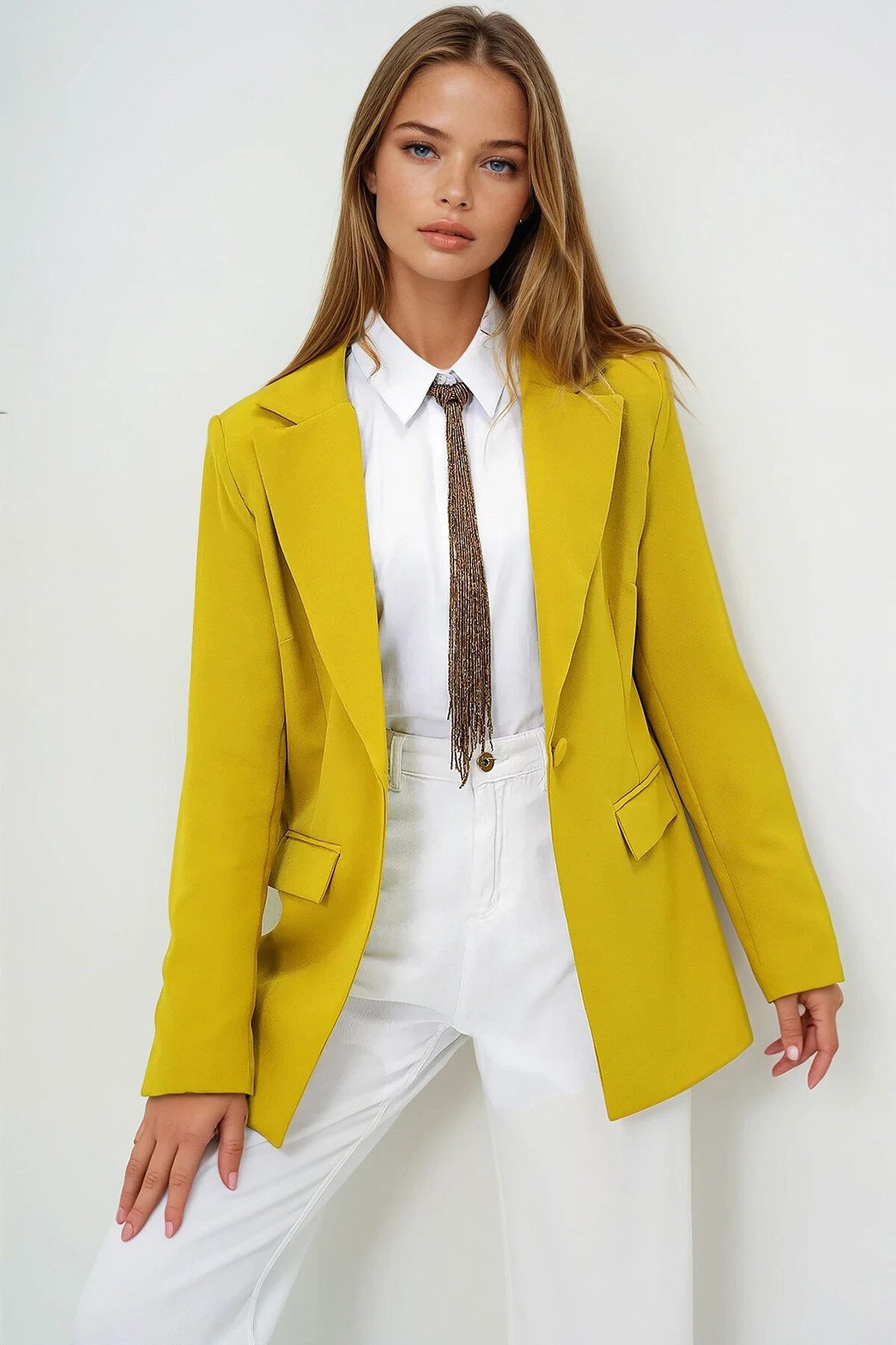 Yağ Yeşili İçi Astarlı Tek Düğmeli Blazer Ceket