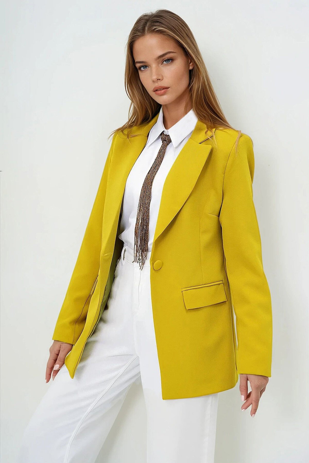 Yağ Yeşili İçi Astarlı Tek Düğmeli Blazer Ceket