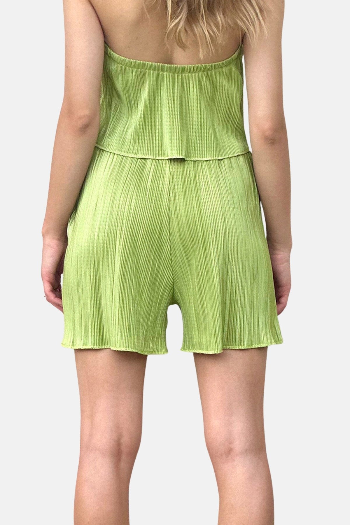 Yağ Yeşili İp Askılı Piliseli Bluz Ve Şort Takım