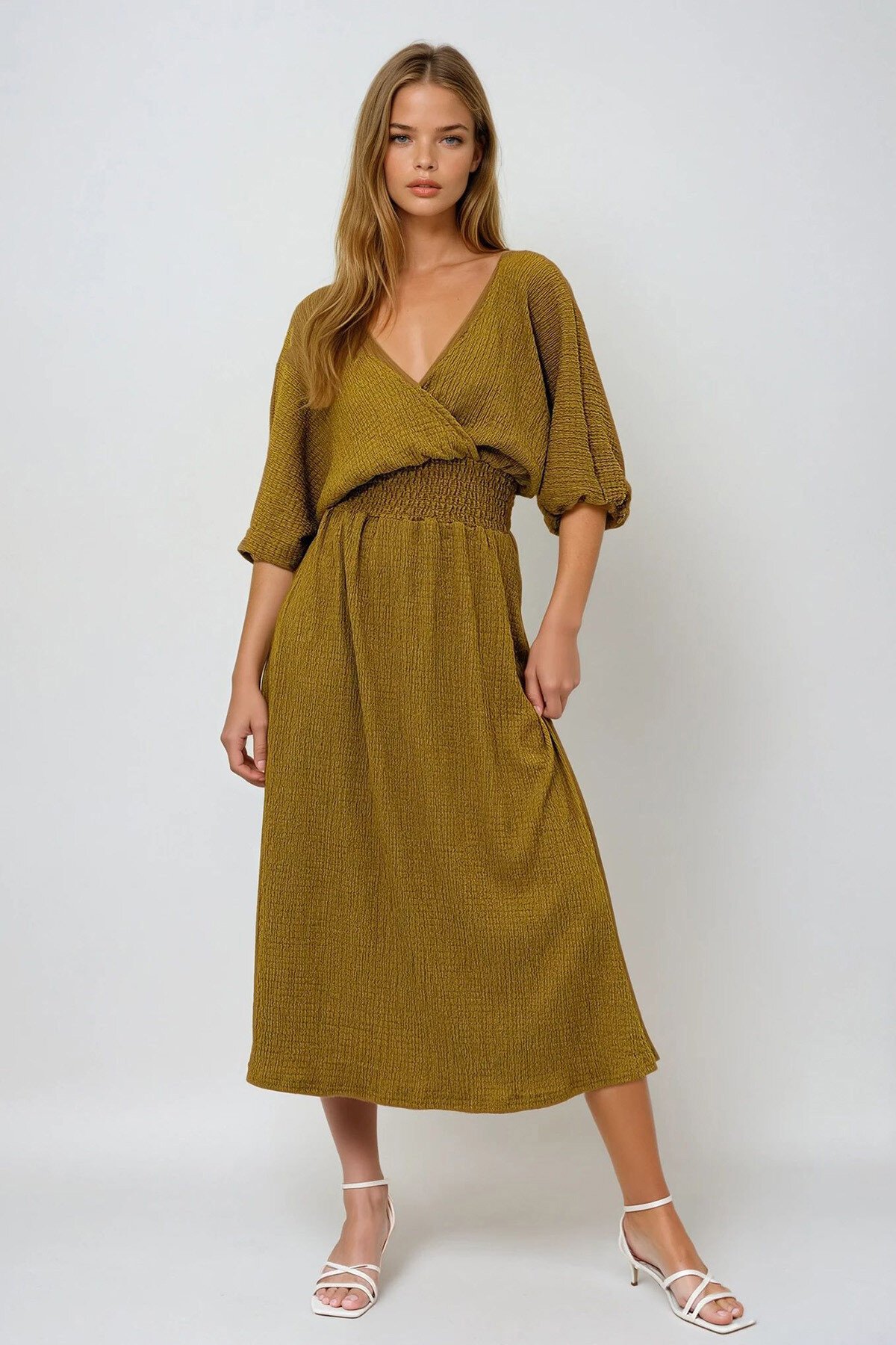 Yağ Yeşili Kruvaze Yaka Beli Gipeli Gofre Kumaş Uzun Elbise