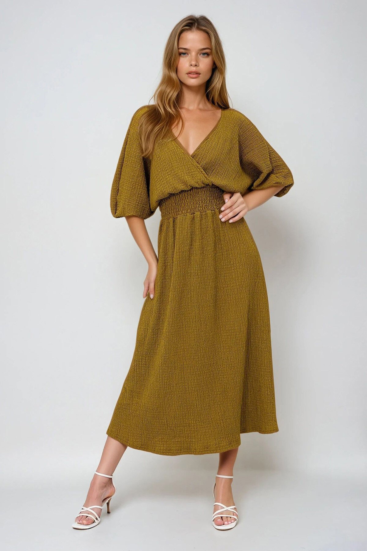 Yağ Yeşili Kruvaze Yaka Beli Gipeli Gofre Kumaş Uzun Elbise