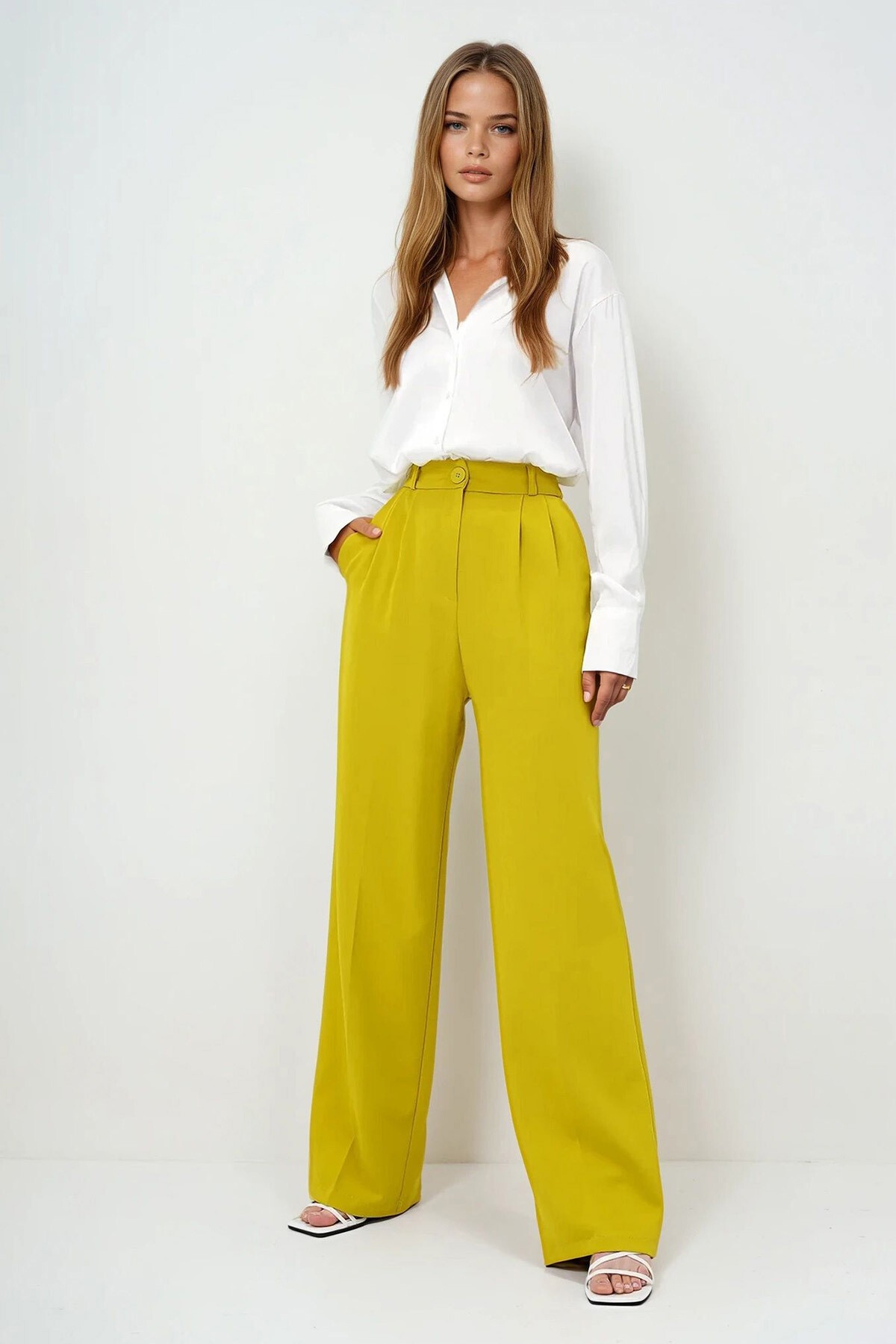 Yağ Yeşili Pileli Palazzo Pantolon