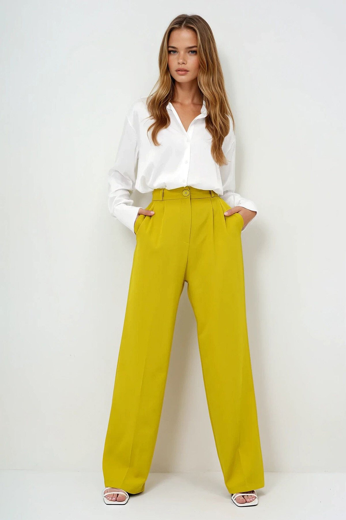 Yağ Yeşili Pileli Palazzo Pantolon