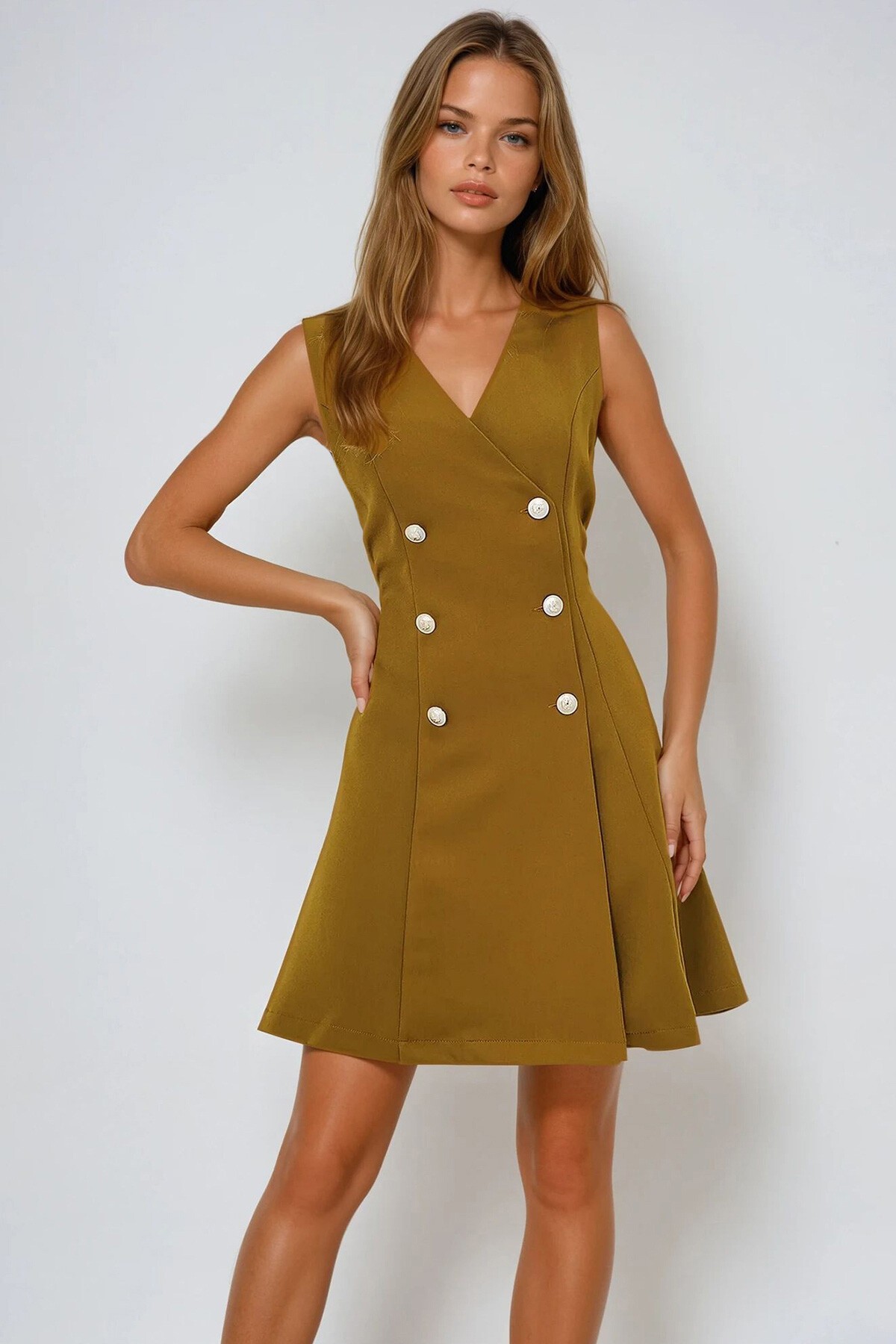 Yağ Yeşili Silver Düğme Detaylı Kruvaze Midi Boy Elbise