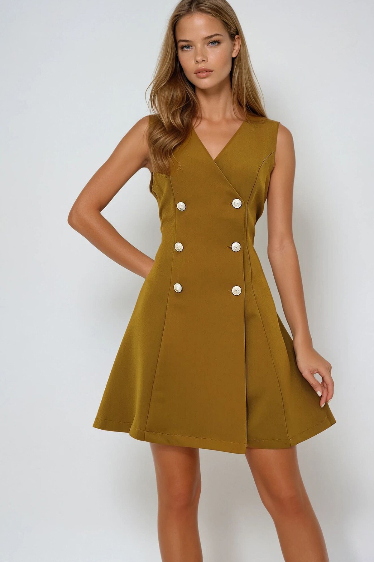 Yağ Yeşili Silver Düğme Detaylı Kruvaze Midi Boy Elbise