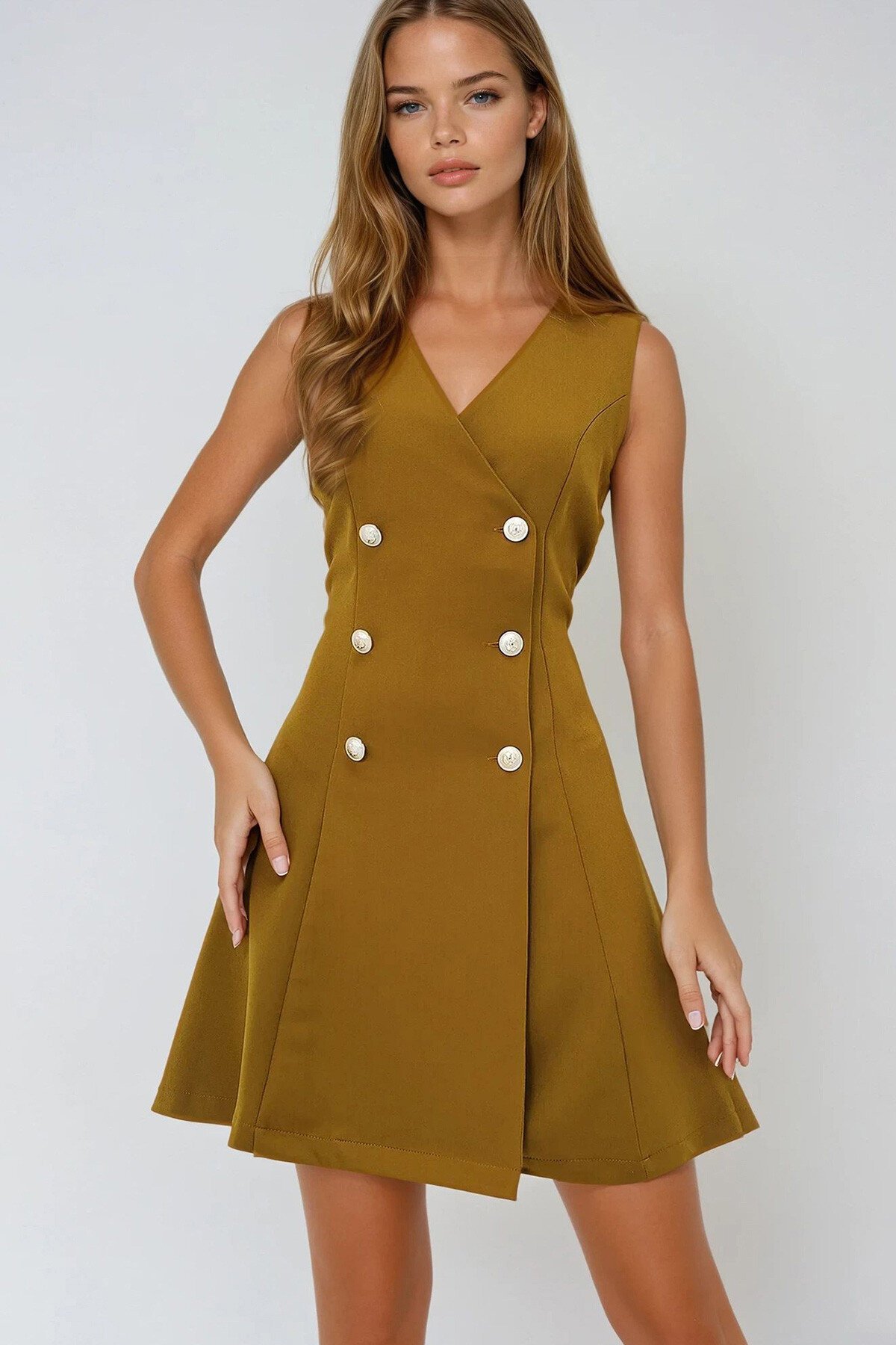 Yağ Yeşili Silver Düğme Detaylı Kruvaze Midi Boy Elbise