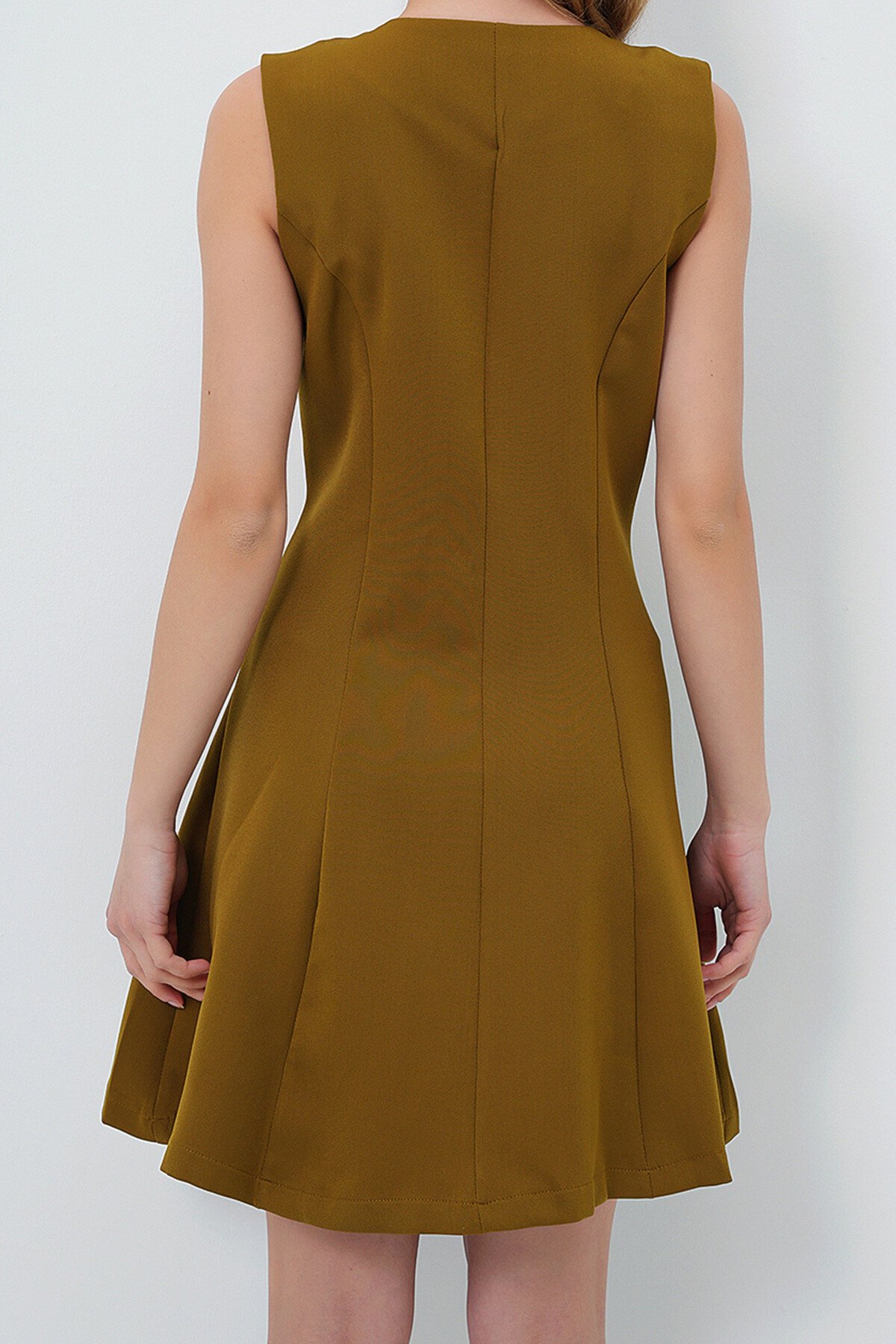 Yağ Yeşili Silver Düğme Detaylı Kruvaze Midi Boy Elbise