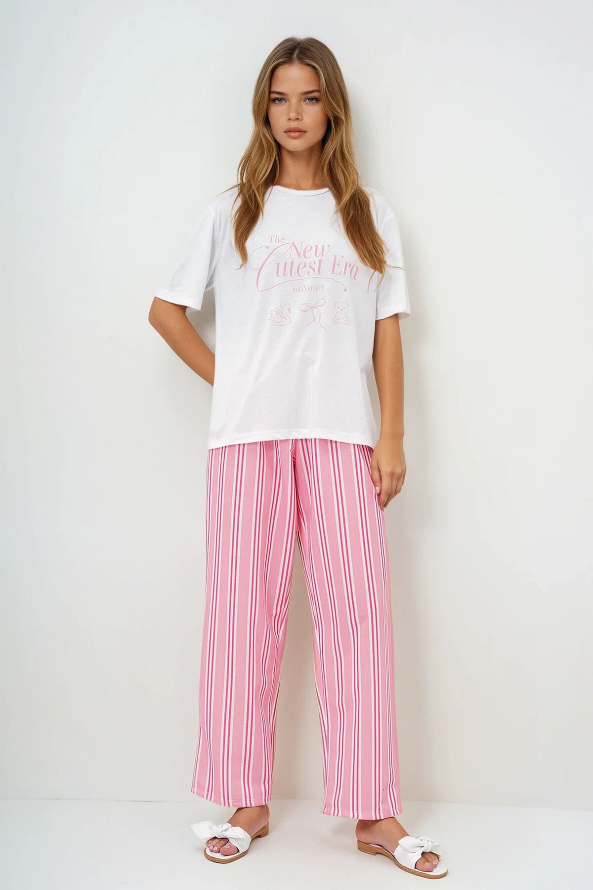 Yavruağzı Nar Yazı Baskılı Basic T Shirt Ve Çizgili Pantolonlu Örme Pijama Takımı