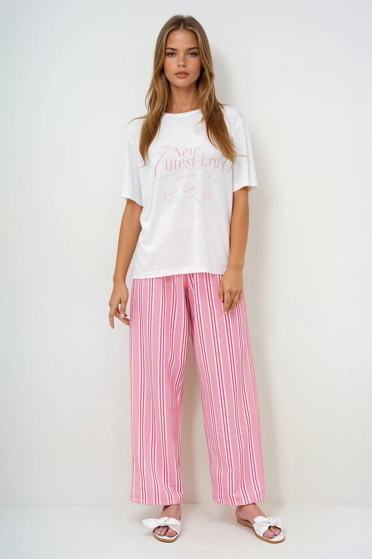 Yavruağzı Nar Yazı Baskılı Basic T Shirt Ve Çizgili Pantolonlu Örme Pijama Takımı