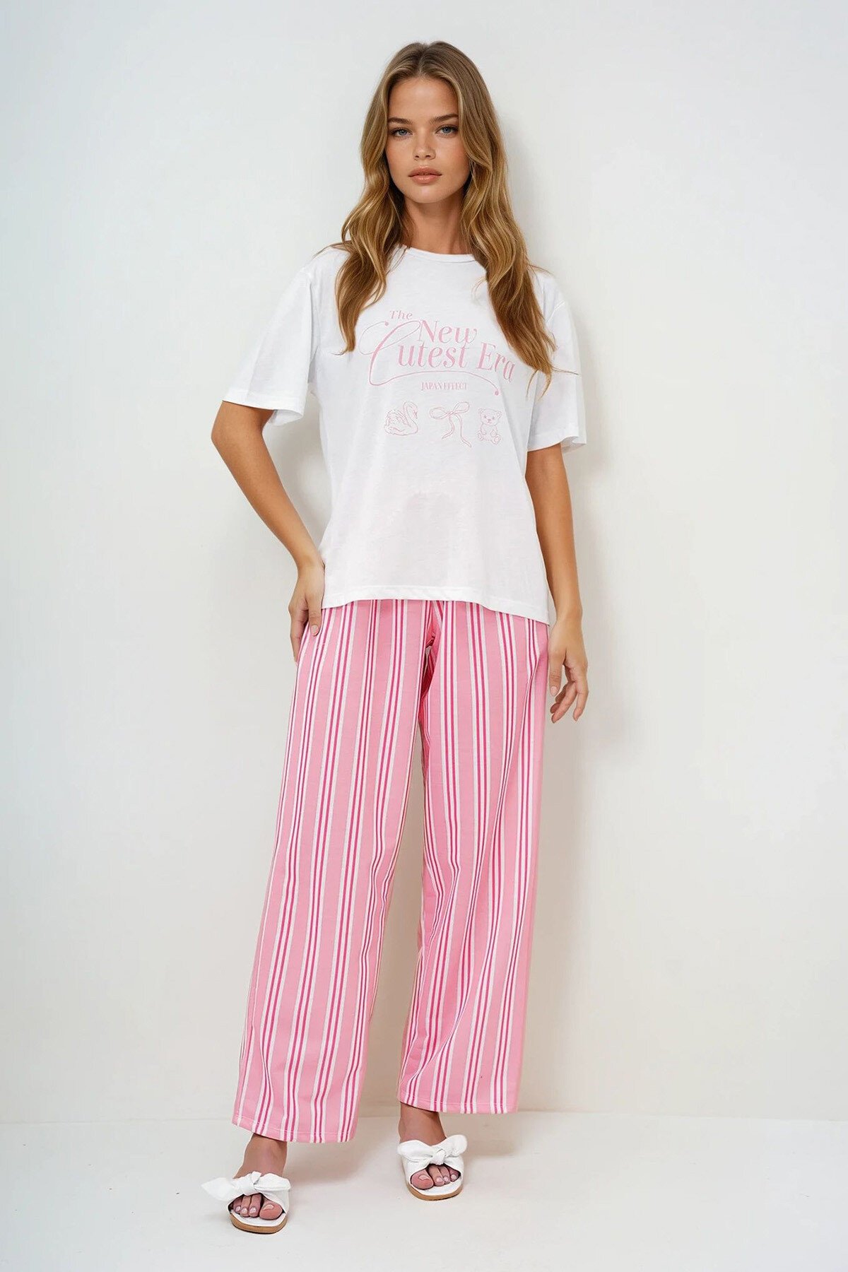 Yavruağzı Nar Yazı Baskılı Basic T Shirt Ve Çizgili Pantolonlu Örme Pijama Takımı