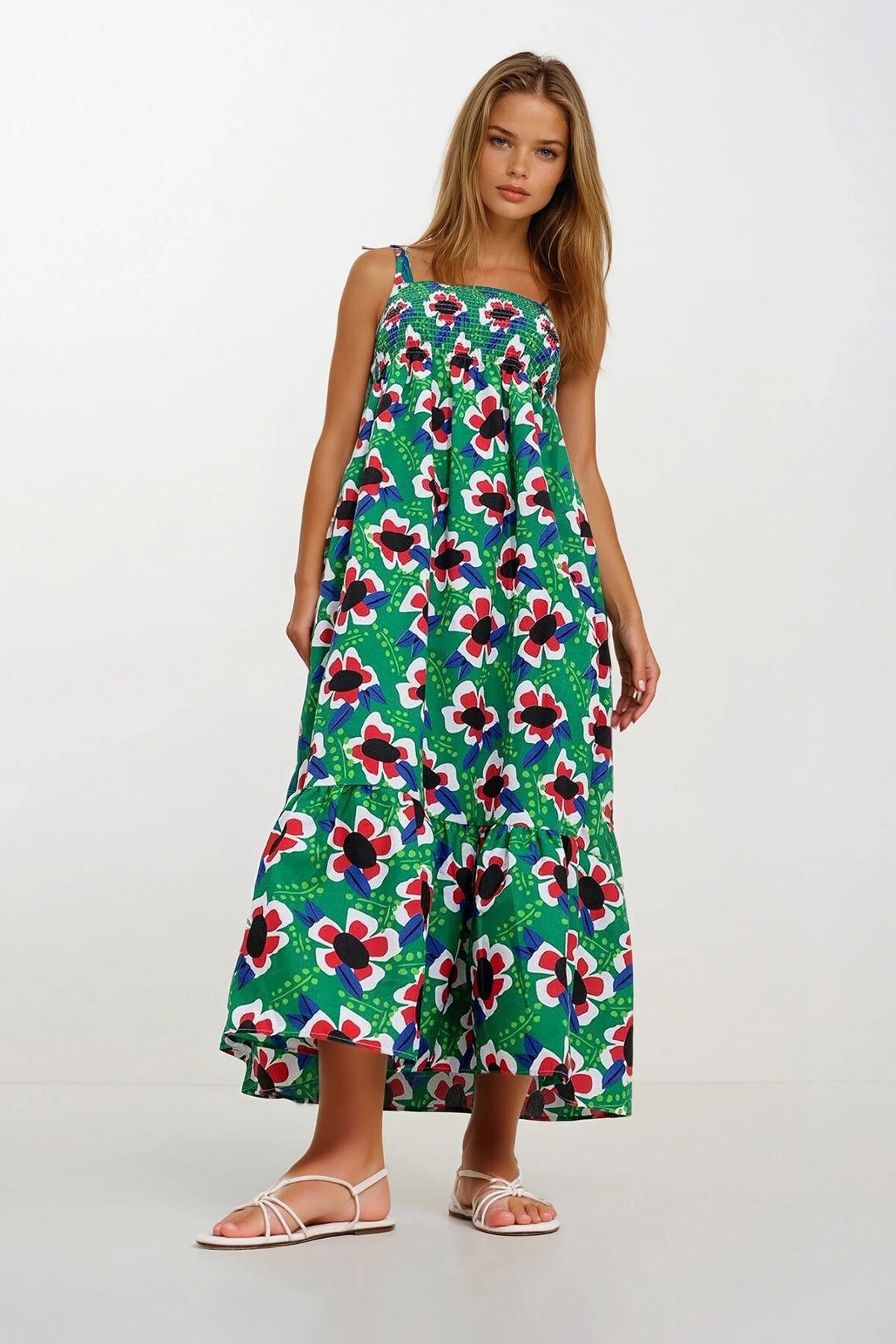 Yeşil Askılı Eteği Volanlı Çiçek Desenli Gipeli Dokuma Elbise