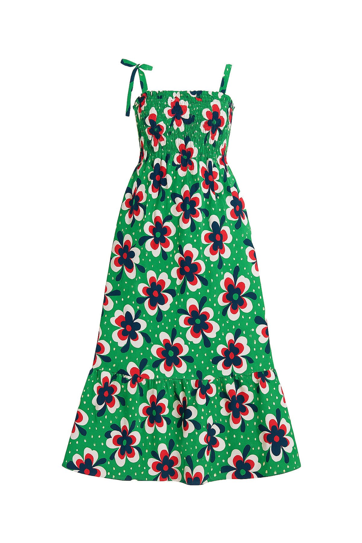 Yeşil Askılı Eteği Volanlı Çiçek Desenli Gipeli Dokuma Elbise