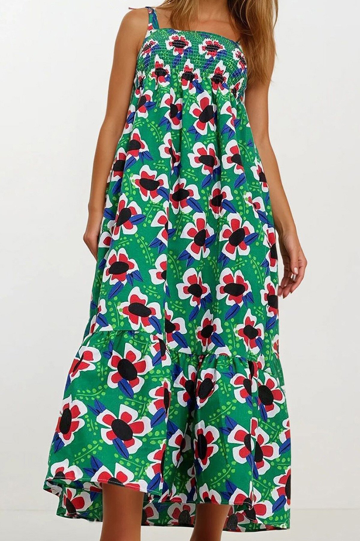 Yeşil Askılı Eteği Volanlı Çiçek Desenli Gipeli Dokuma Elbise