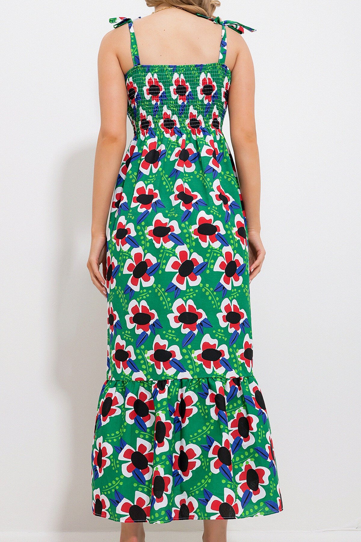 Yeşil Askılı Eteği Volanlı Çiçek Desenli Gipeli Dokuma Elbise