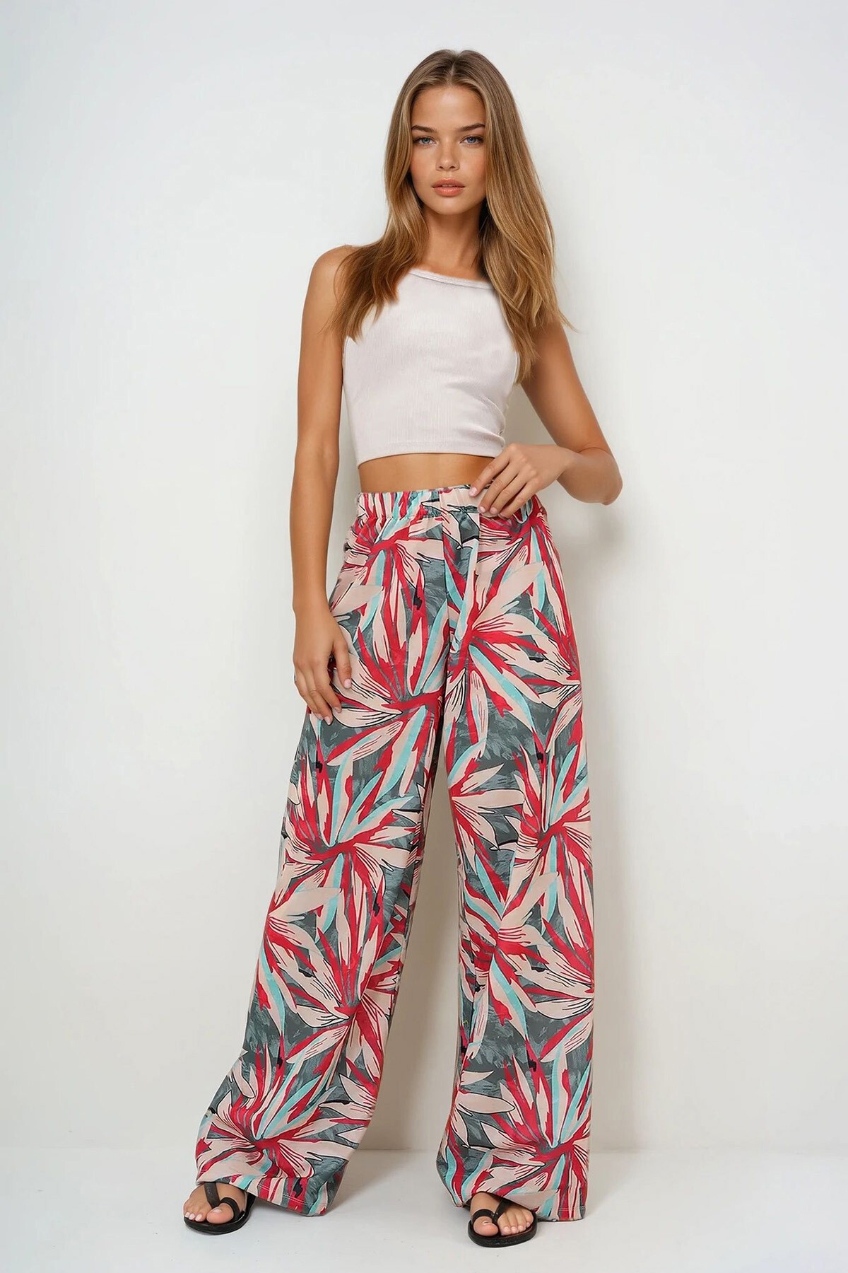 Yeşil Bej Beli Lastikli Desenli  Geniş Paça Pantolon