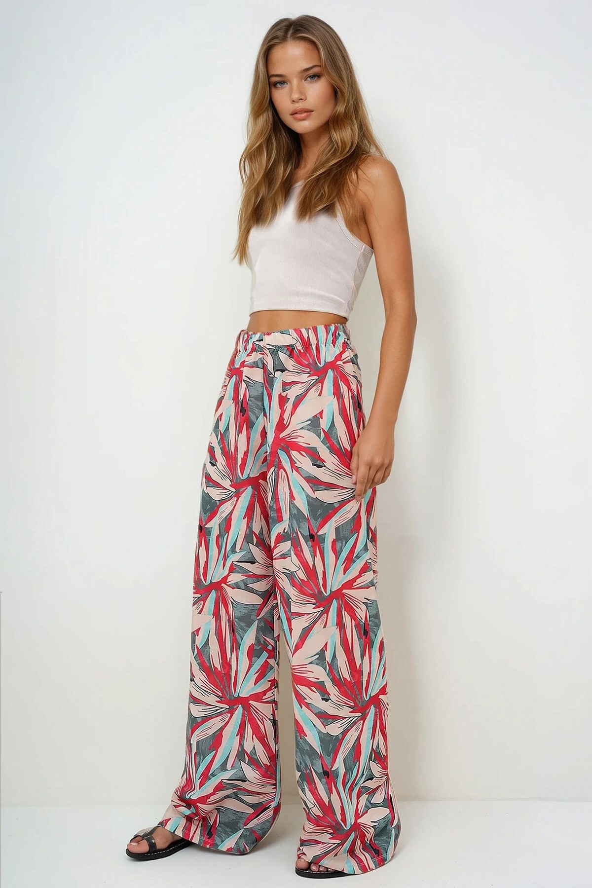 Yeşil Bej Beli Lastikli Desenli  Geniş Paça Pantolon