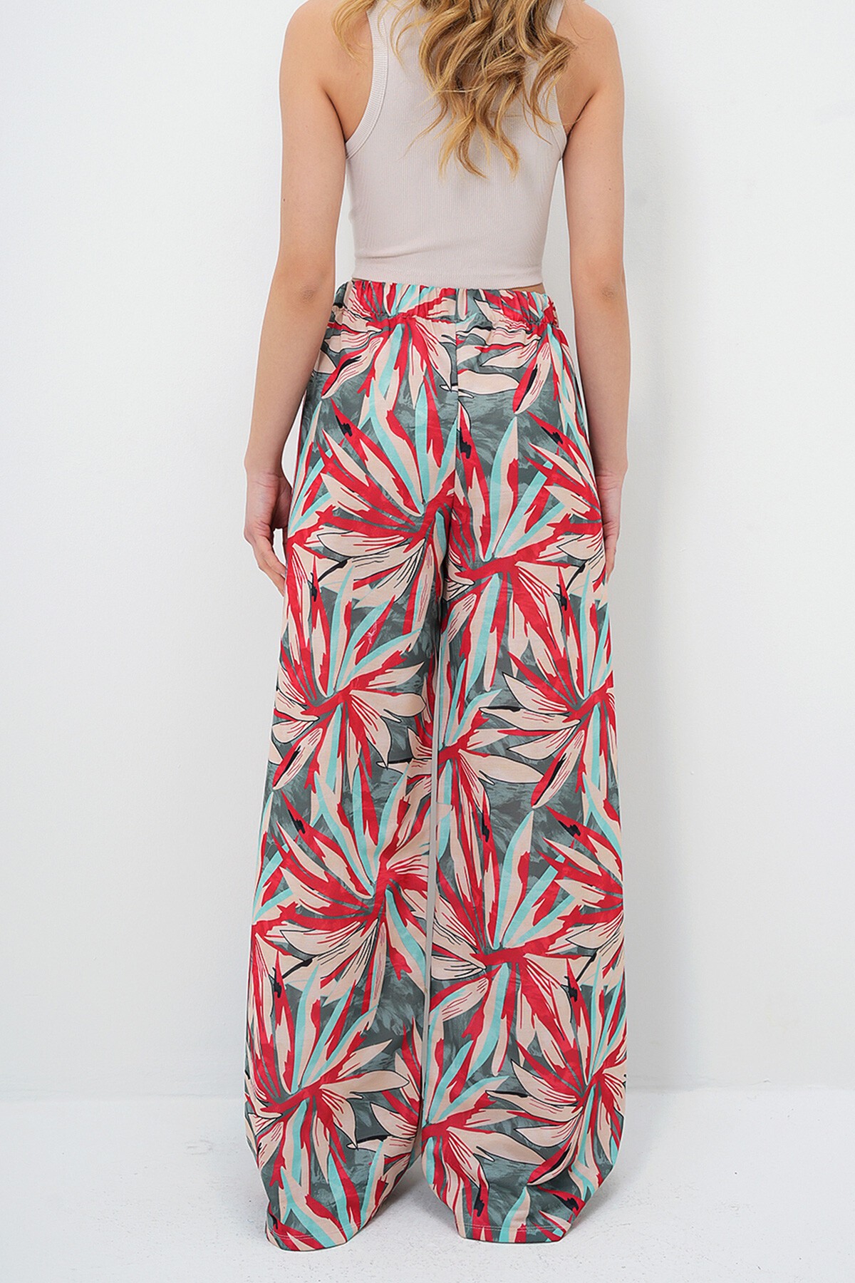 Yeşil Bej Beli Lastikli Desenli  Geniş Paça Pantolon