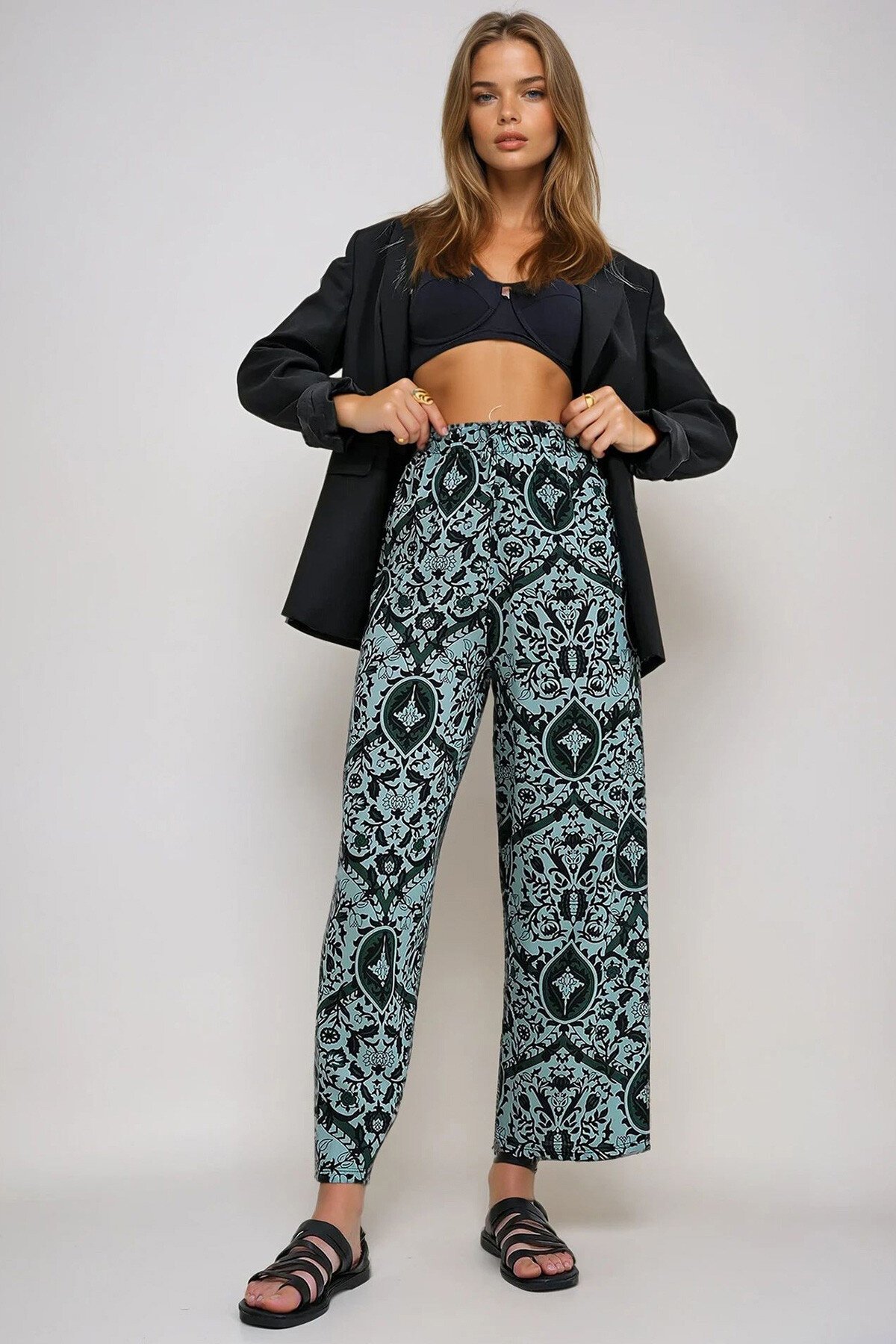 Yeşil Beli Lastikli Desenli Dokuma Viskon Pantolon