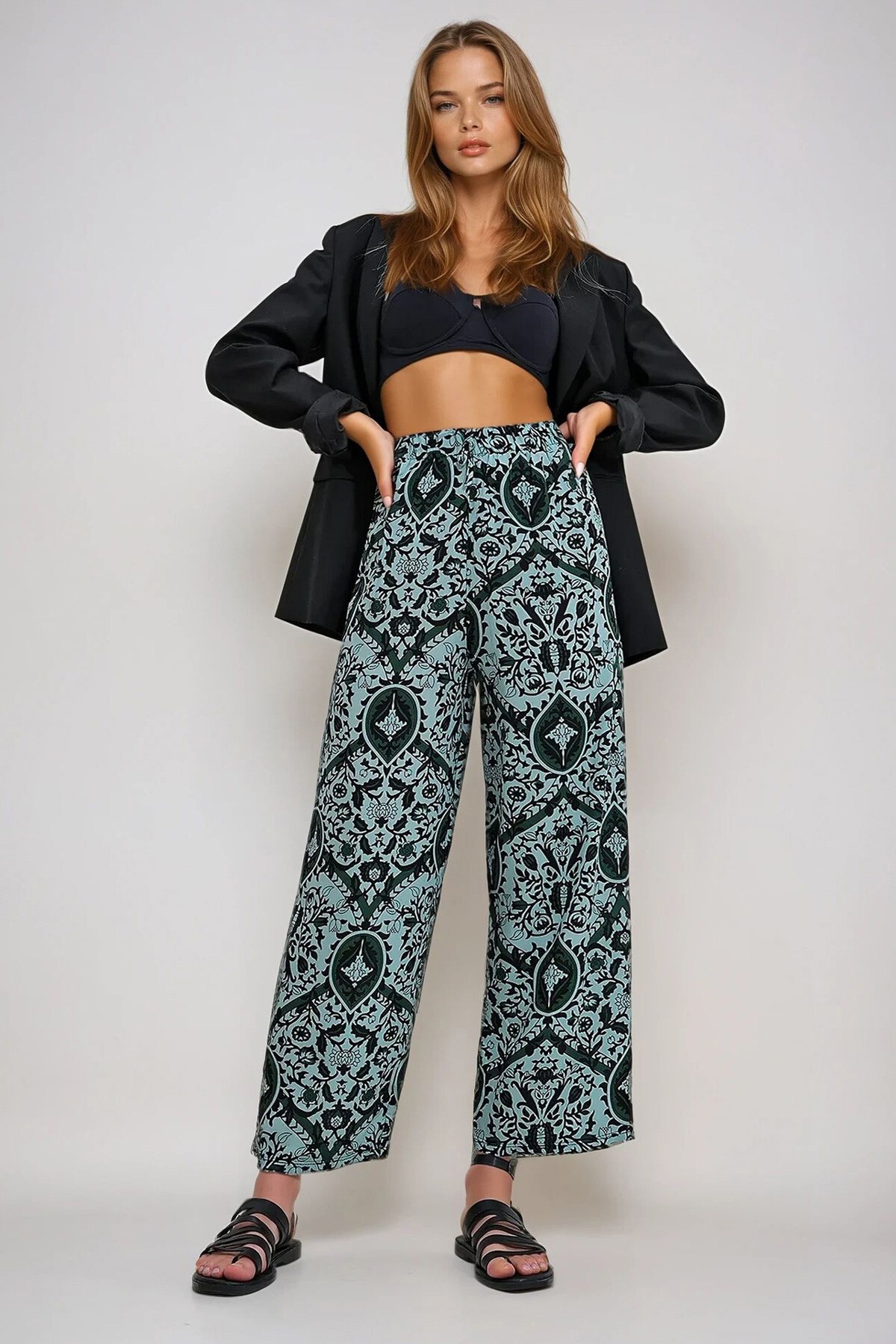 Yeşil Beli Lastikli Desenli Dokuma Viskon Pantolon