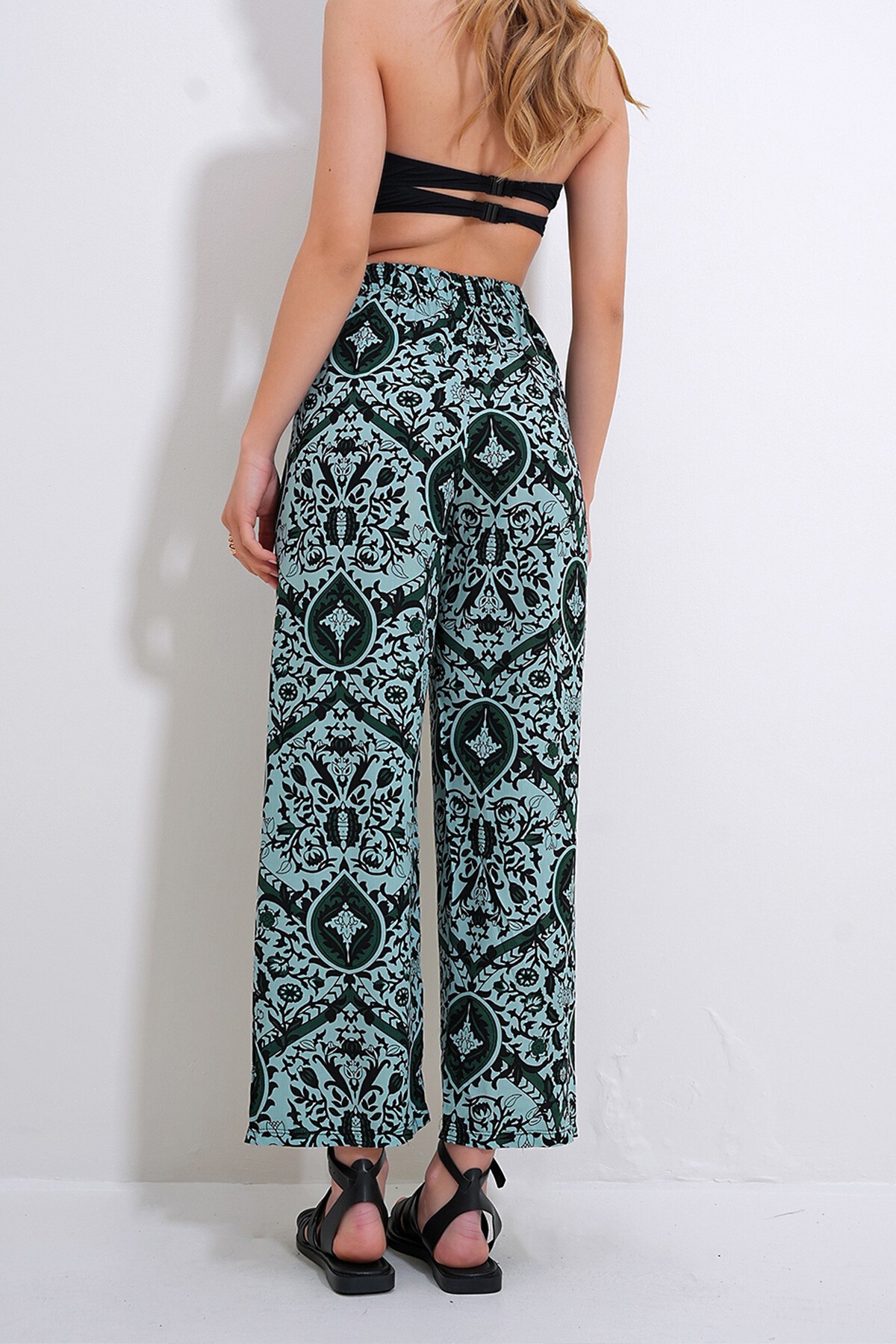Yeşil Beli Lastikli Desenli Dokuma Viskon Pantolon