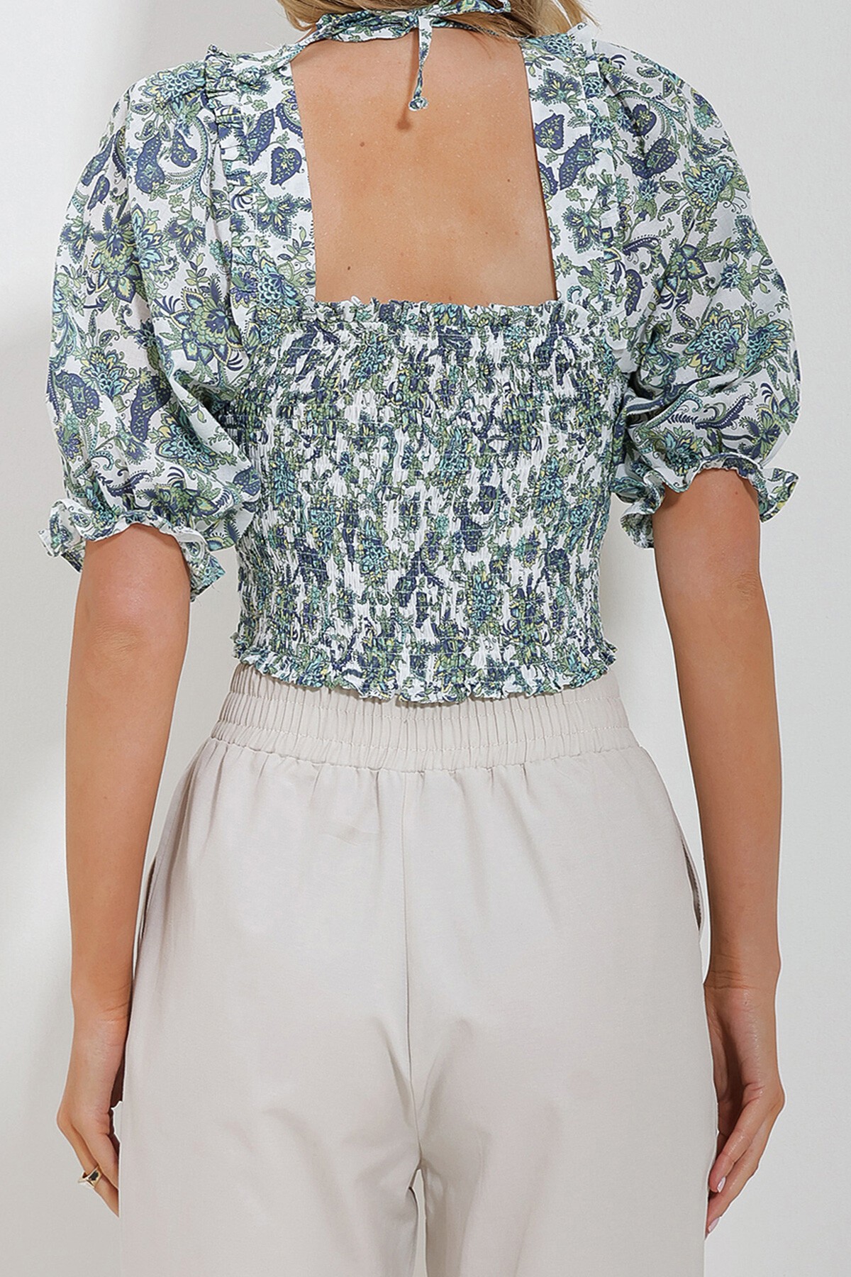 Yeşil Beyaz Kare Yaka Karpuz Kol Gipeli Crop Keten Bluz