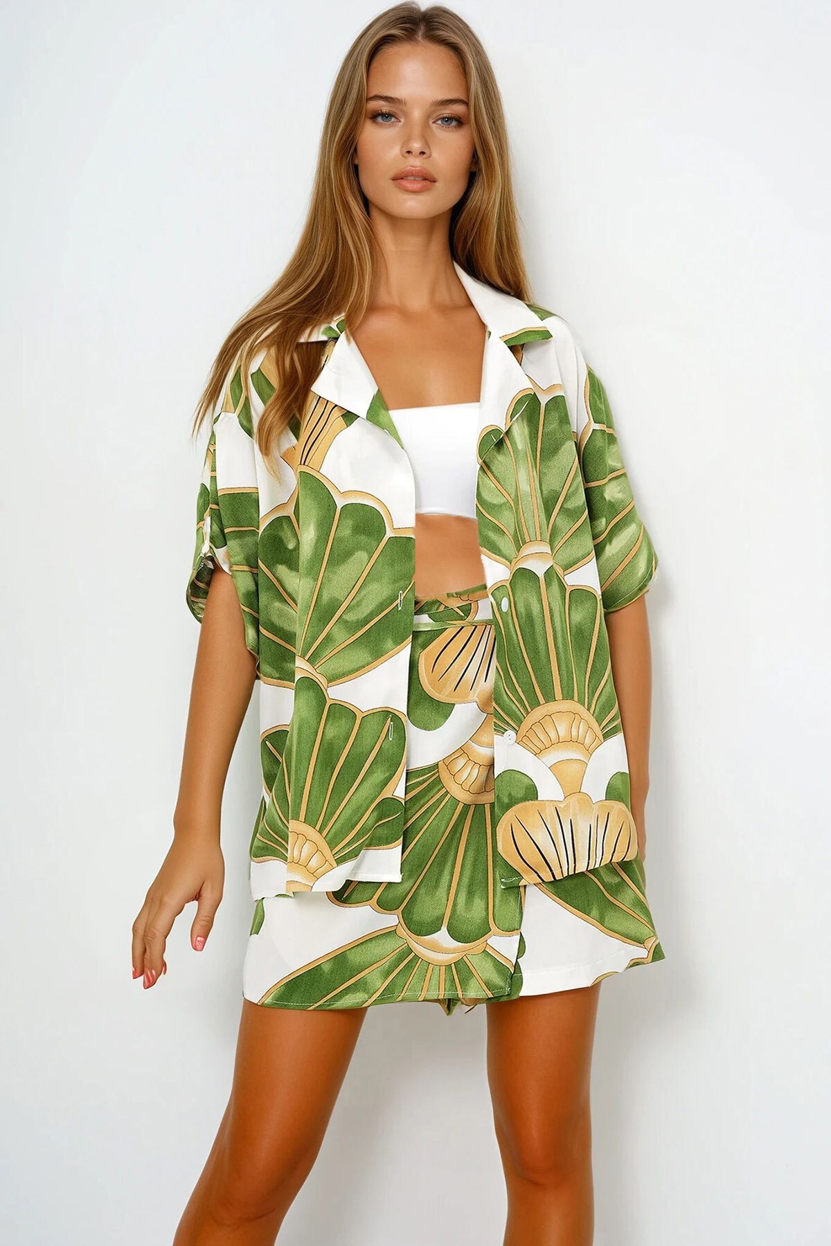 Yeşil Ceket Yaka Oversize Poplin Gömlek Ve Bağlamalı Şort Etek Takım