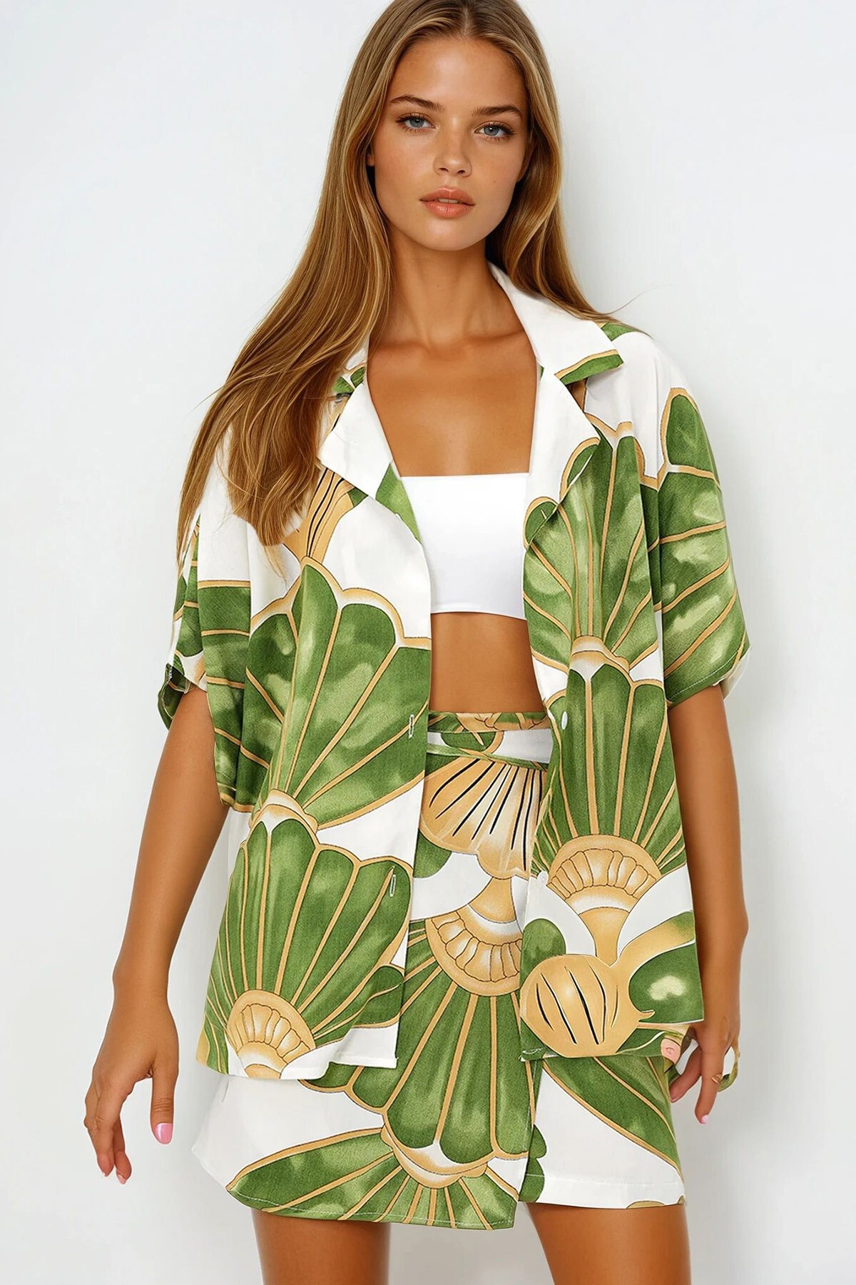 Yeşil Ceket Yaka Oversize Poplin Gömlek Ve Bağlamalı Şort Etek Takım