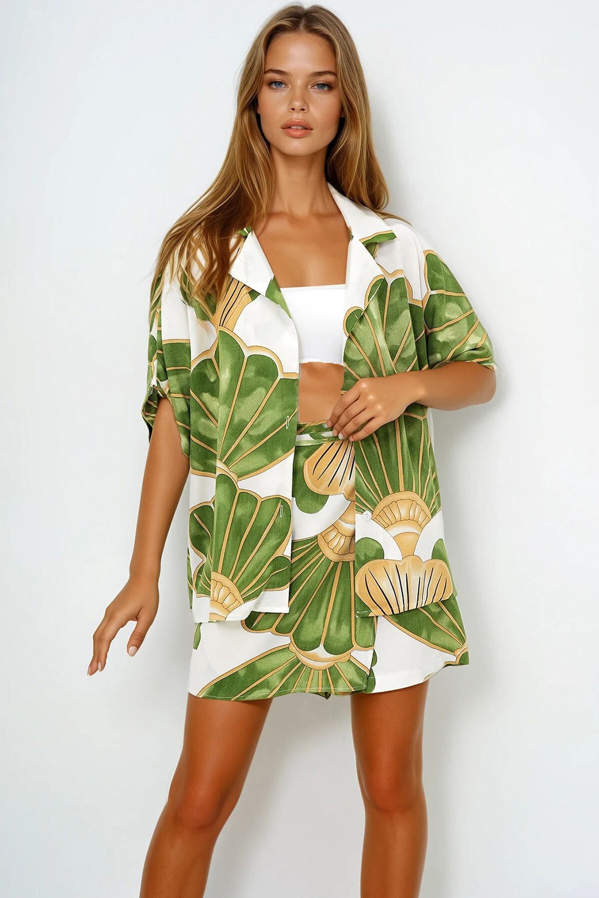 Yeşil Ceket Yaka Oversize Poplin Gömlek Ve Bağlamalı Şort Etek Takım