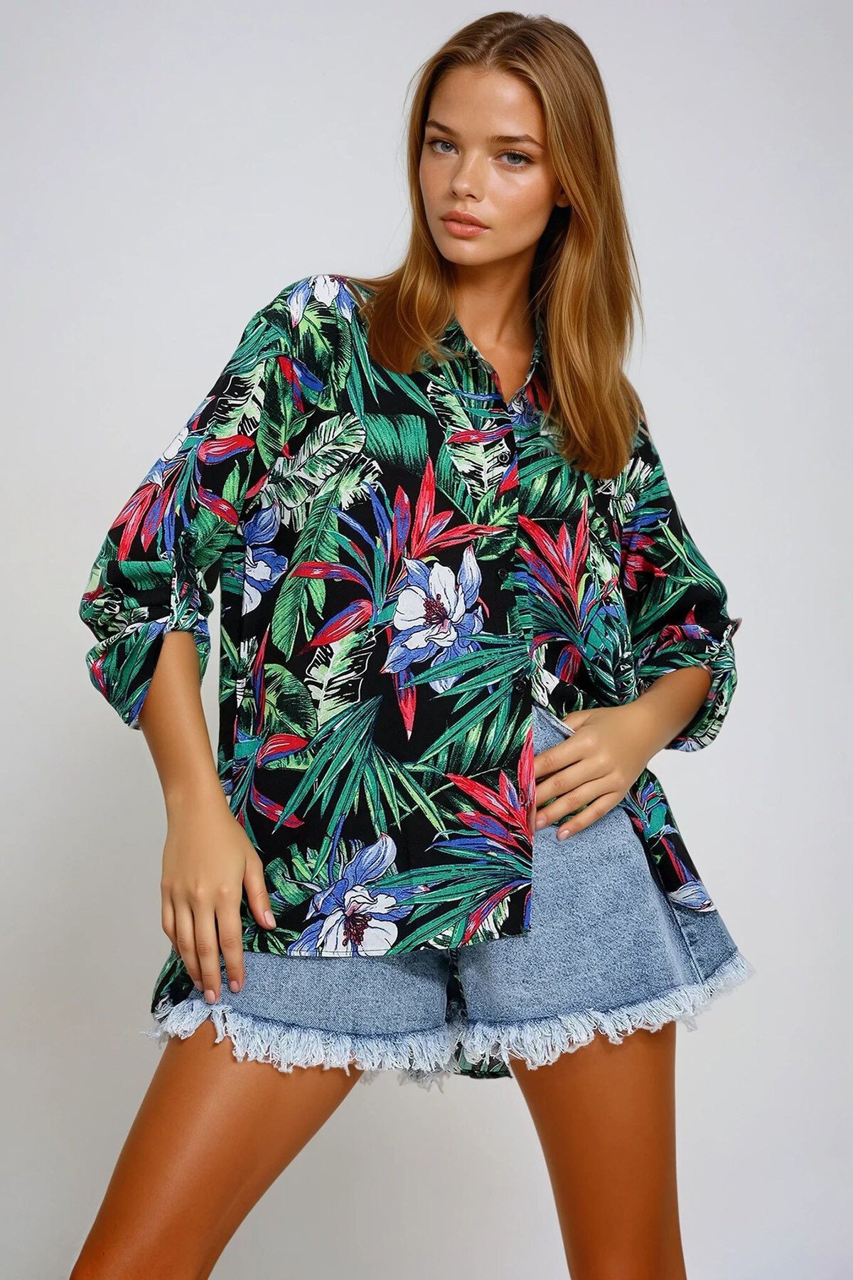 Yeşil Desenli Dokuma Viskon Gömlek