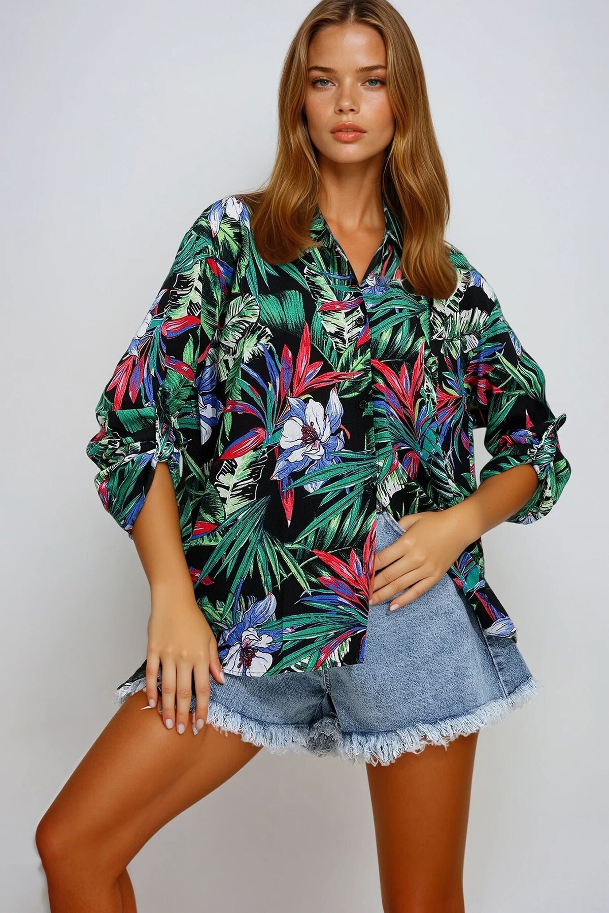 Yeşil Desenli Dokuma Viskon Gömlek