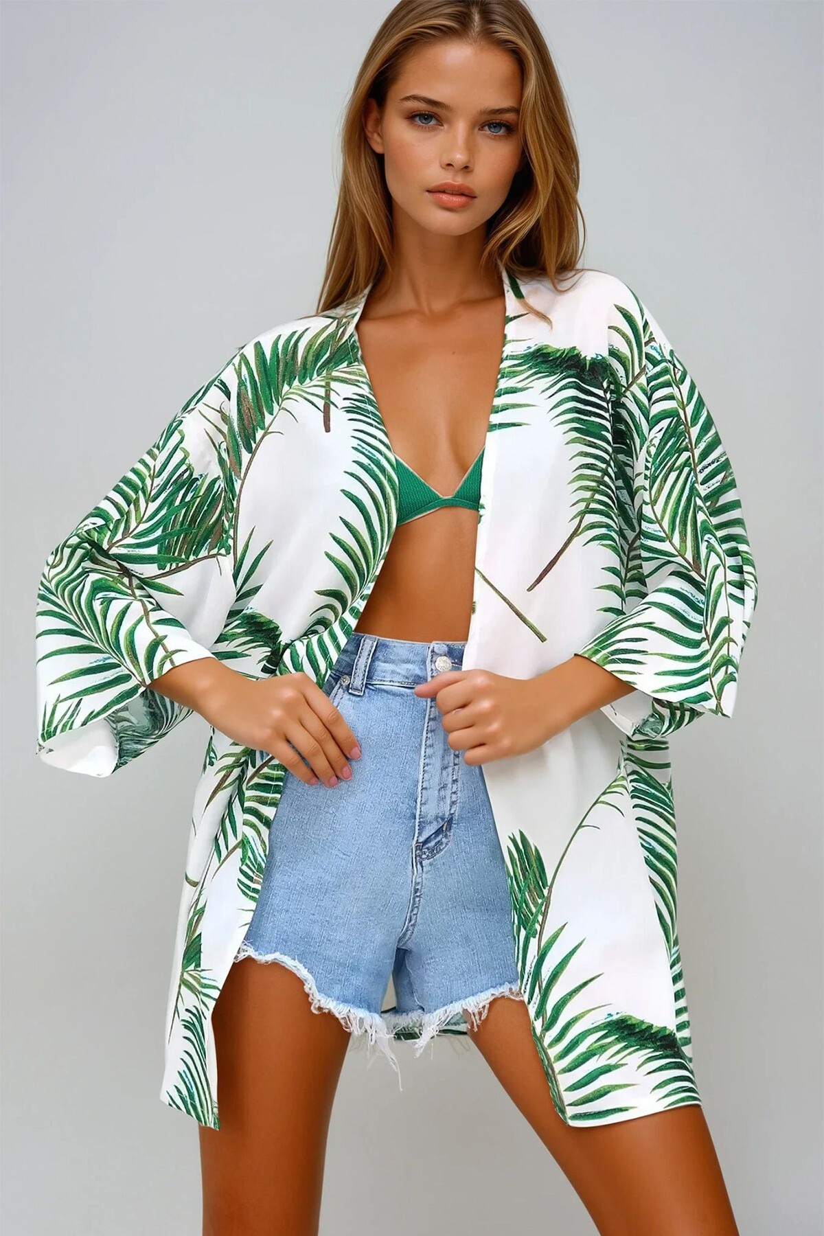 Yeşil Desenli Kimono Ceket