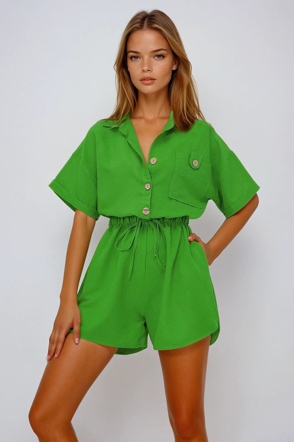 Yeşil Gömlek Yaka Çift Cepli Şort Tulum