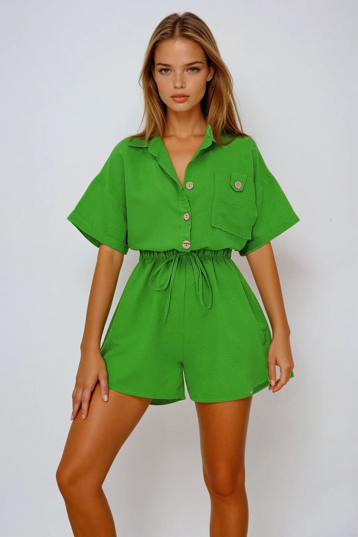 Yeşil Gömlek Yaka Çift Cepli Şort Tulum
