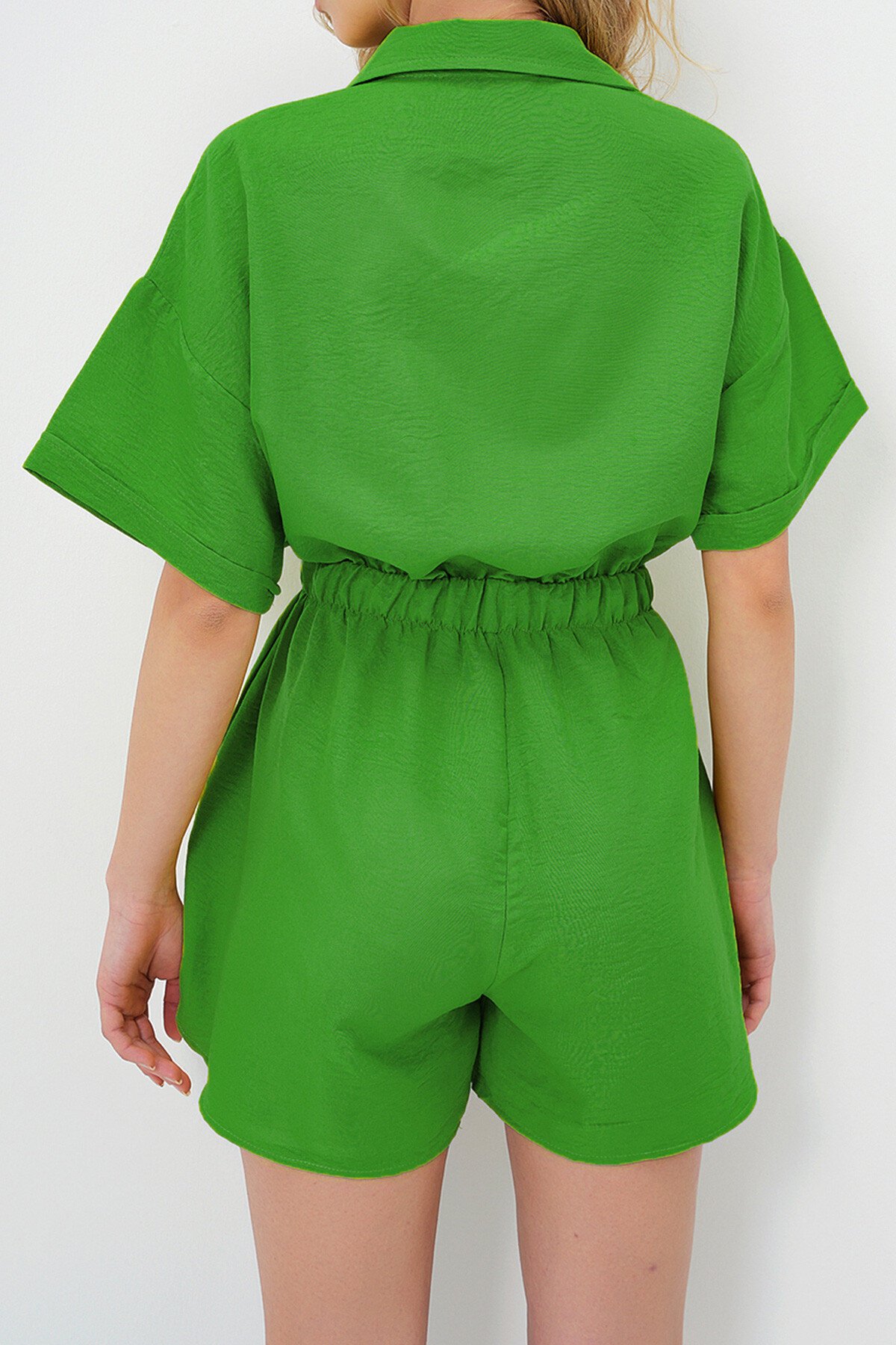Yeşil Gömlek Yaka Çift Cepli Şort Tulum