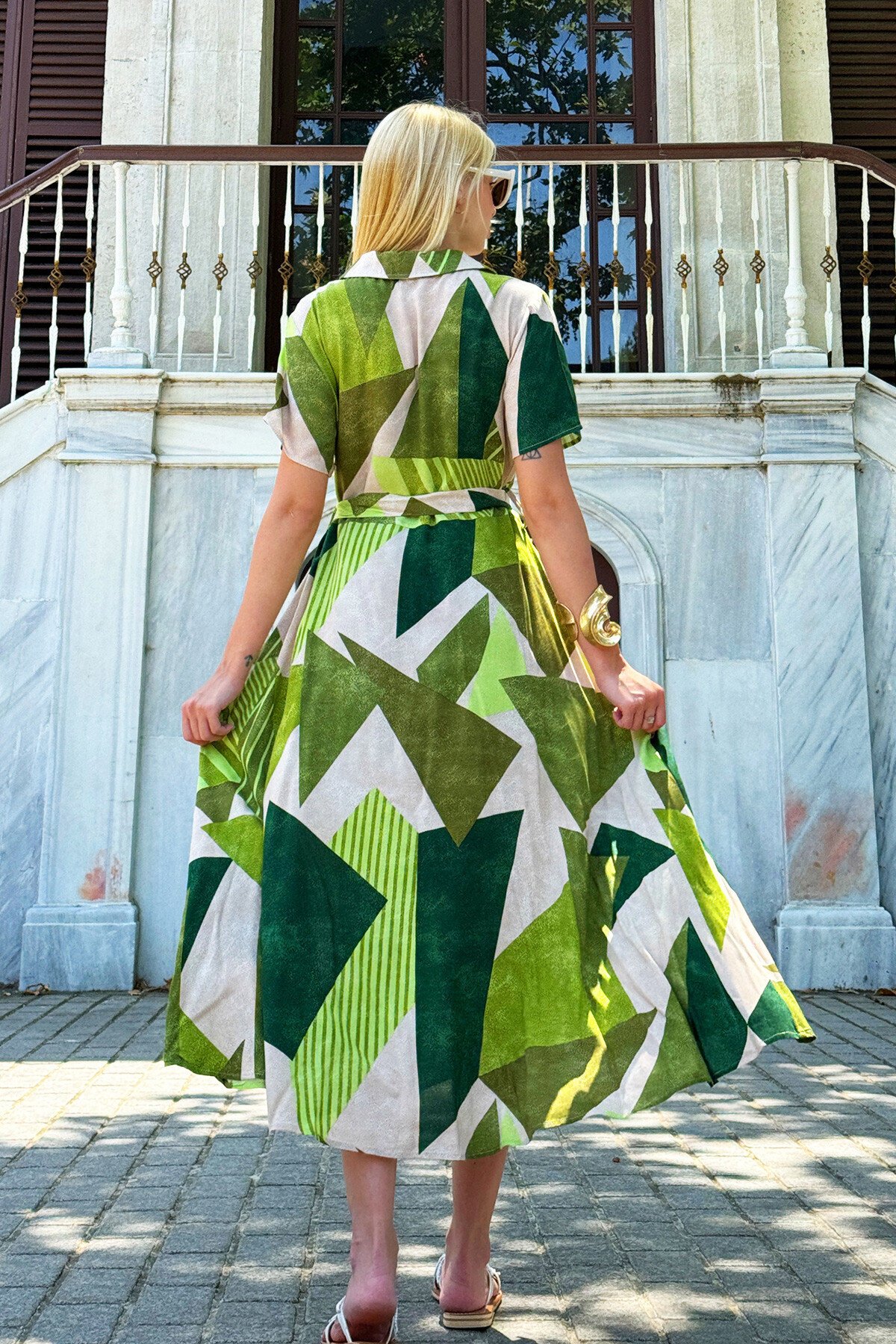 Yeşil Gömlek Yaka Önü Düğmeli Desenli Dokuma Elbise