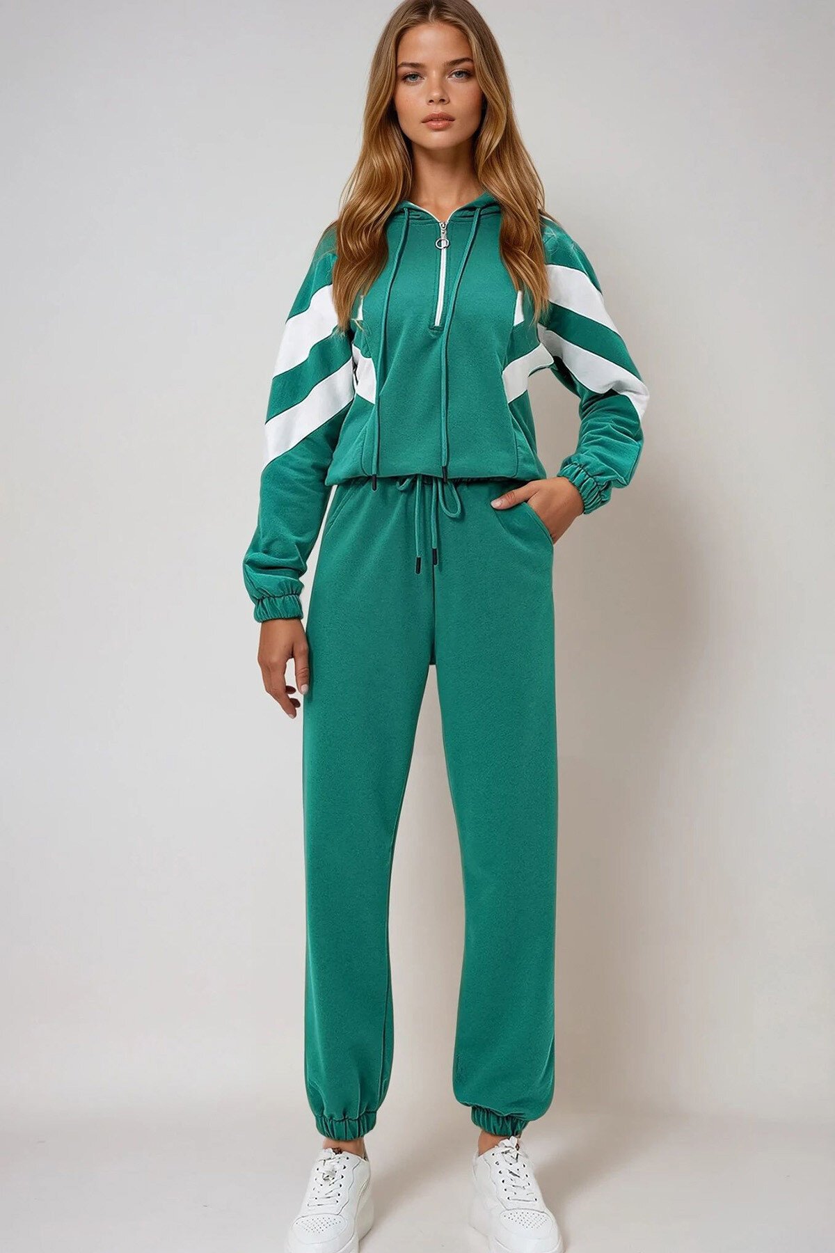 Yeşil Kapüşonlu Renk Bloklu Yarım Fermuarlı İki İplik  Sweatshırt Ve Eşofman Takımı