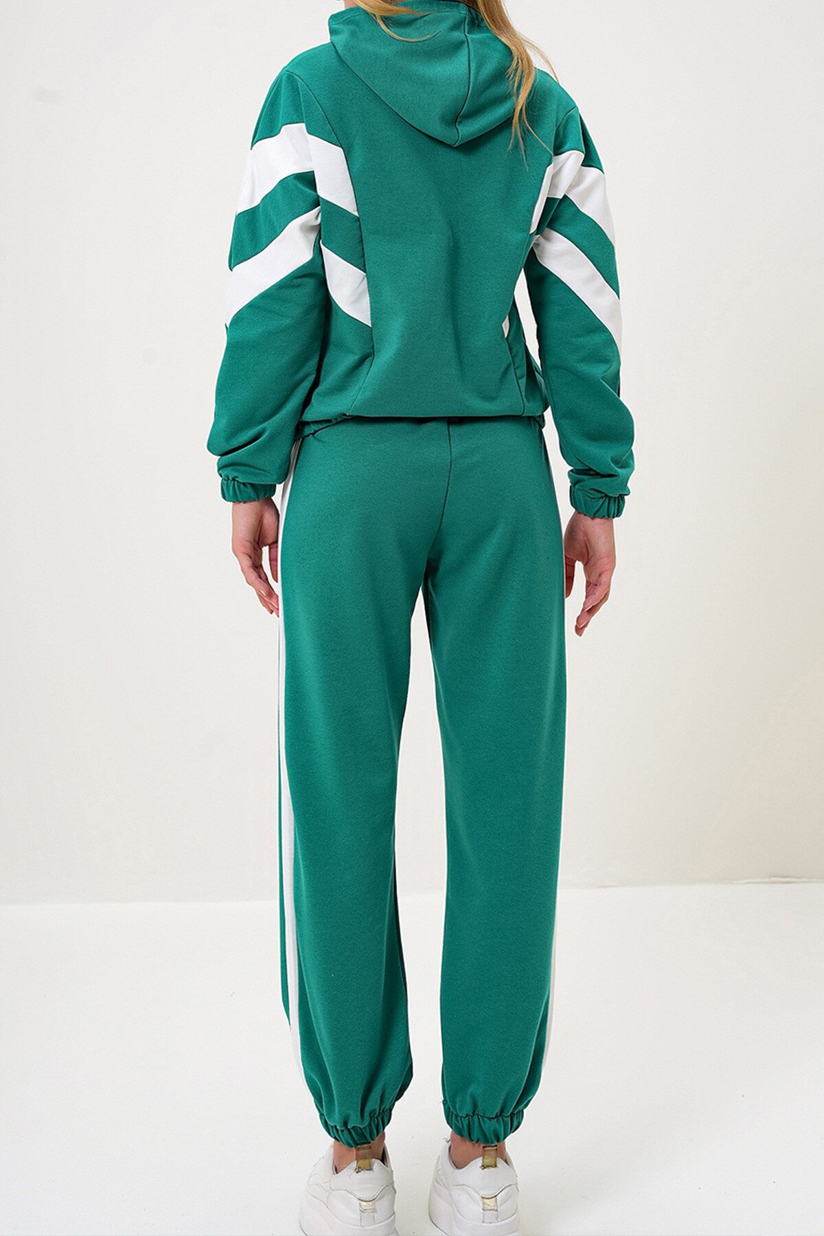 Yeşil Kapüşonlu Renk Bloklu Yarım Fermuarlı İki İplik  Sweatshırt Ve Eşofman Takımı