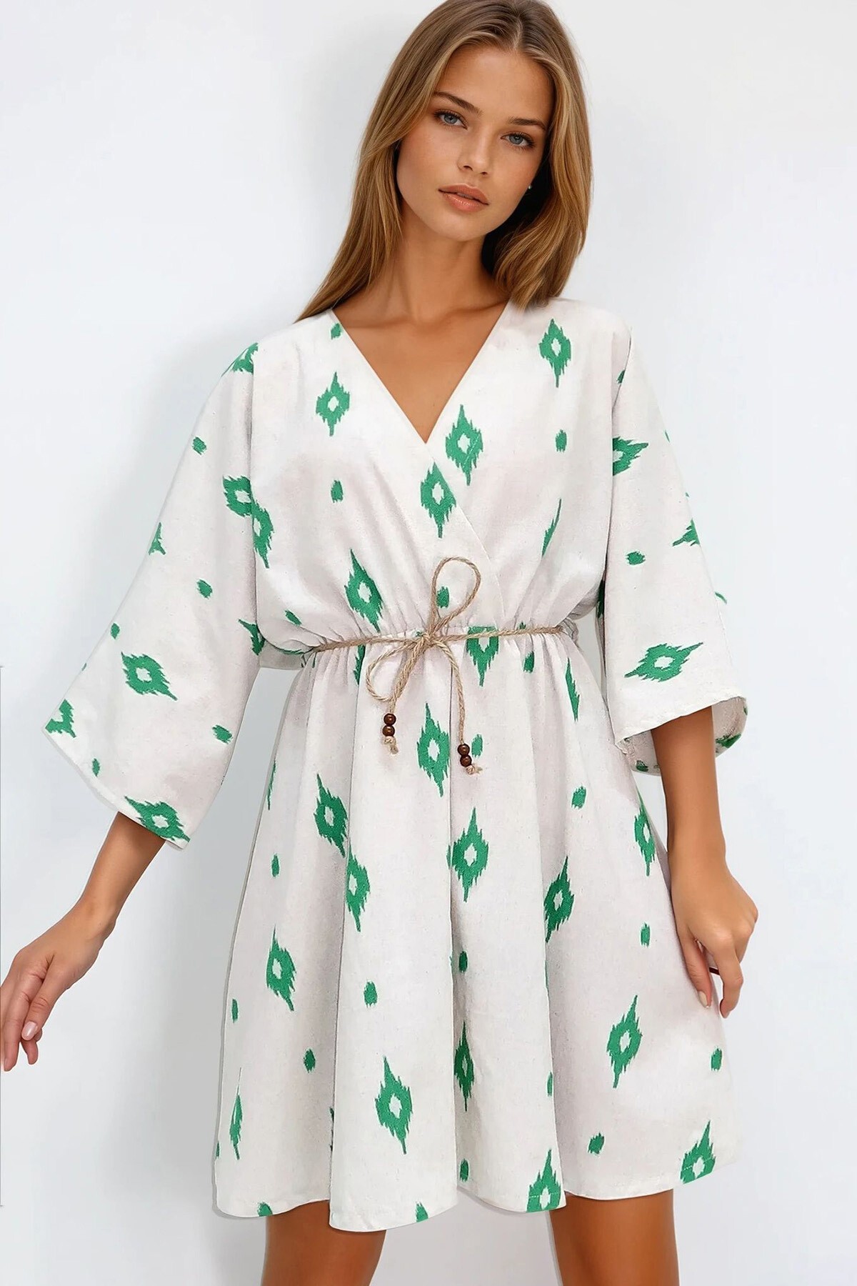 Yeşil Kruvaze Yaka Yarasa Kol Keten Görünümlü Midi Boy Elbise