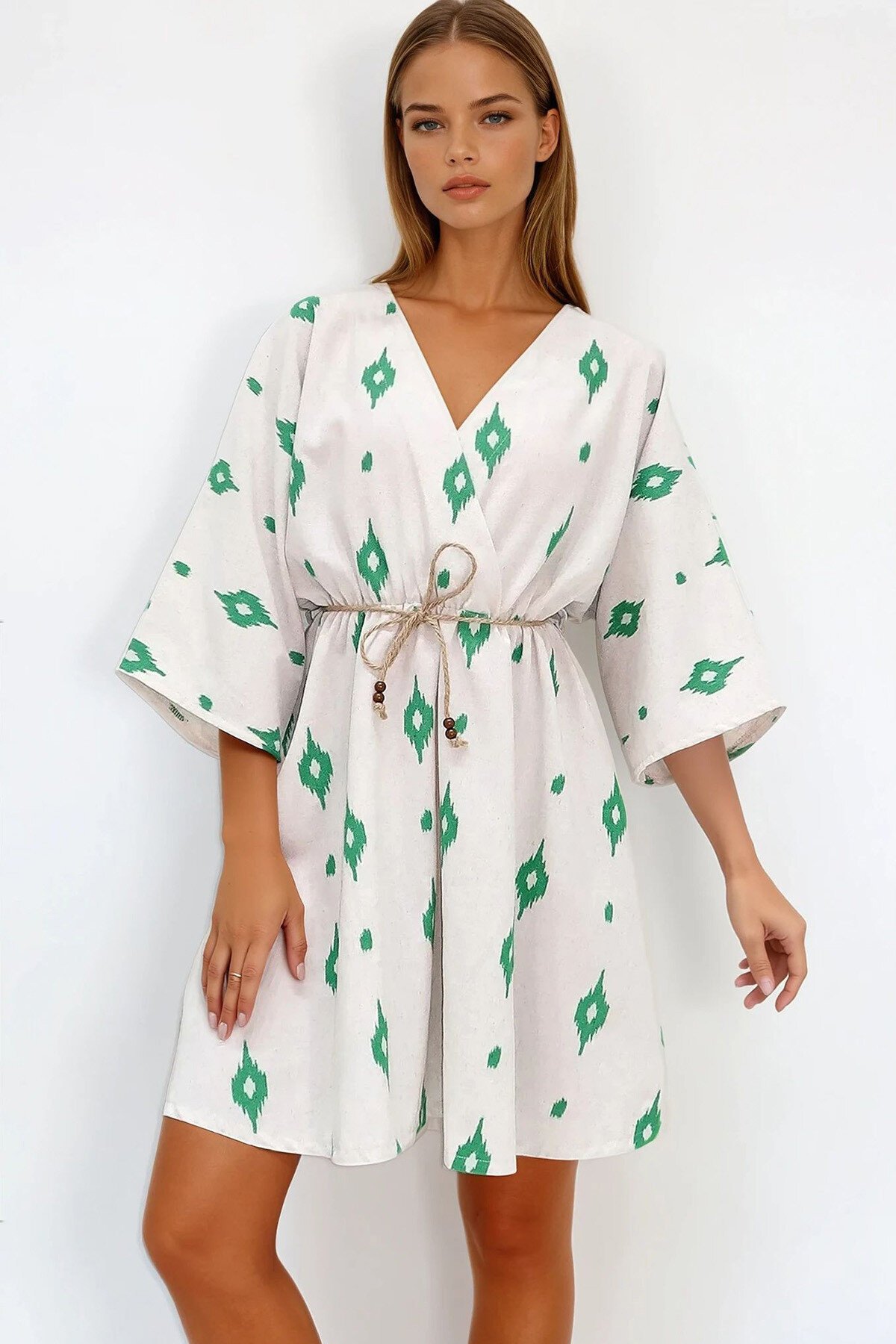 Yeşil Kruvaze Yaka Yarasa Kol Keten Görünümlü Midi Boy Elbise