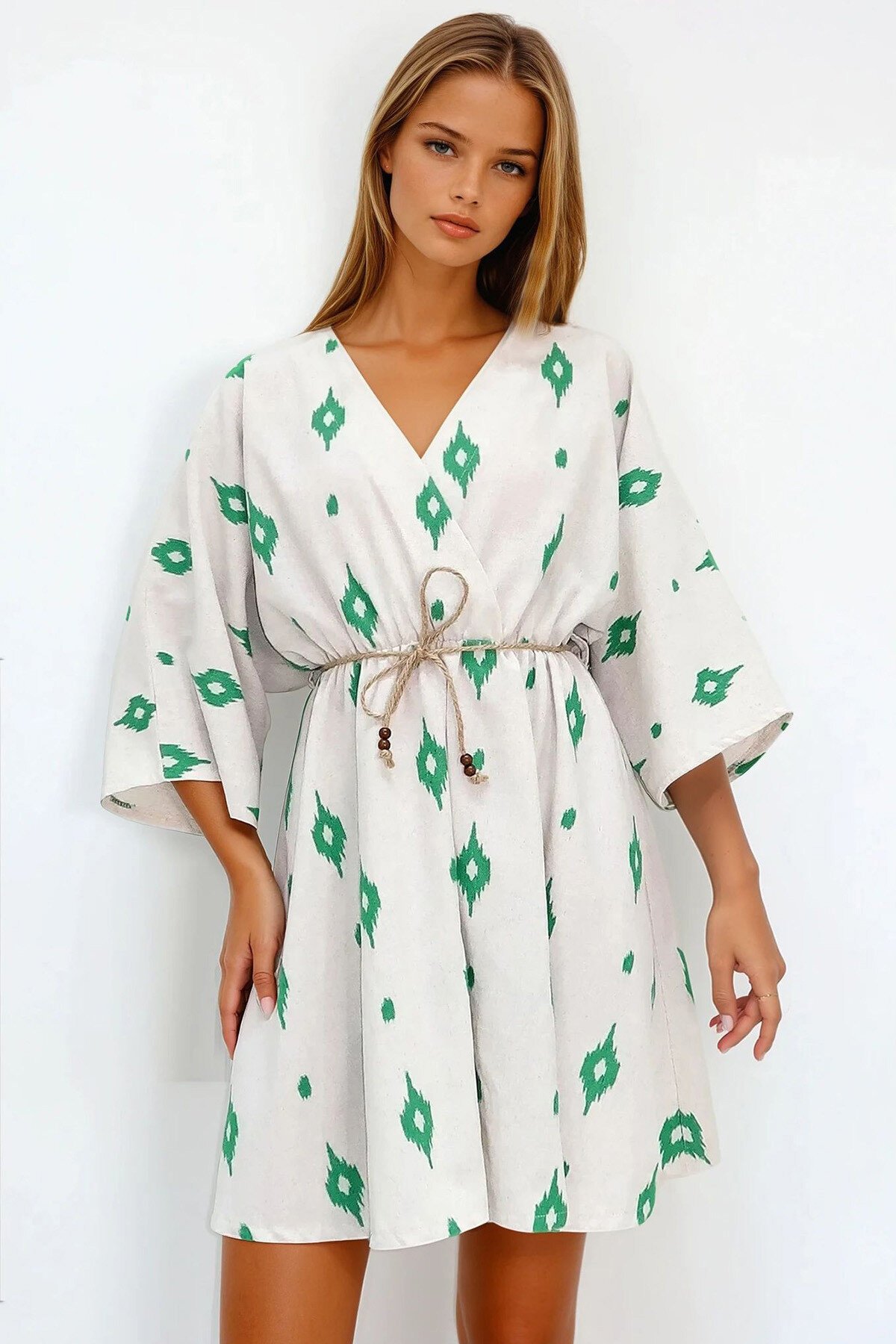 Yeşil Kruvaze Yaka Yarasa Kol Keten Görünümlü Midi Boy Elbise